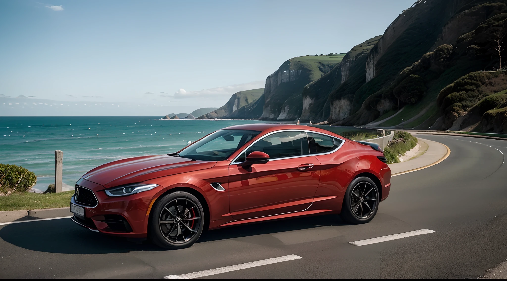 Produce an image of a luxurious car cruising gracefully along the coastline, with the serene expanse of the sea on one side and the road winding along the picturesque shore. The car should exude elegance and style, perfectly complementing the beautiful seaside setting. the car is color red, red car sport