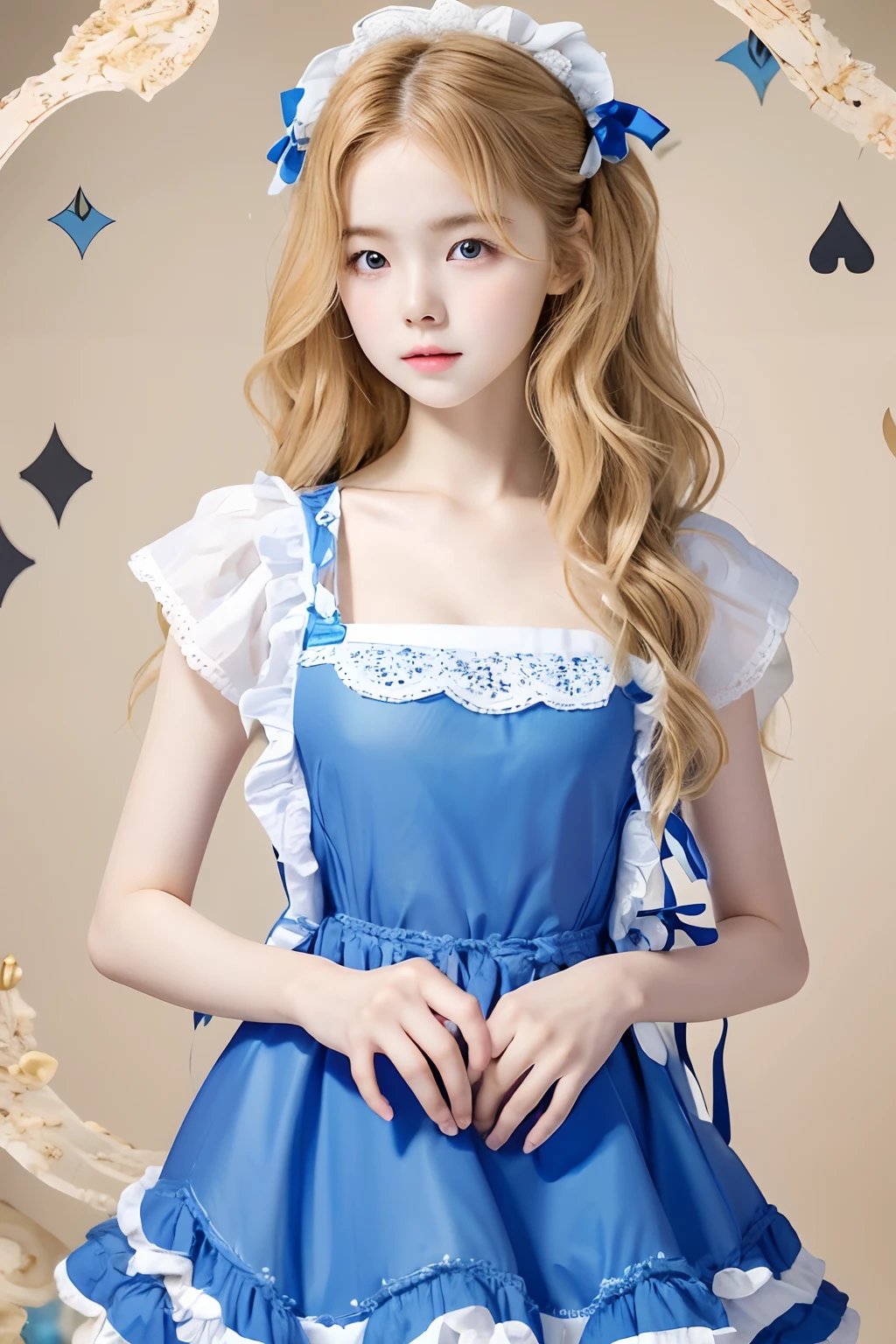 best quality, ultra highres, photoreaslistic, a photography of a cute girl, detailed face, (PureErosFace_V1:0.008), Alice in Wonderland, yo, blonde wavy hair, white apron, blue dress, playing card pattern background, no make-up