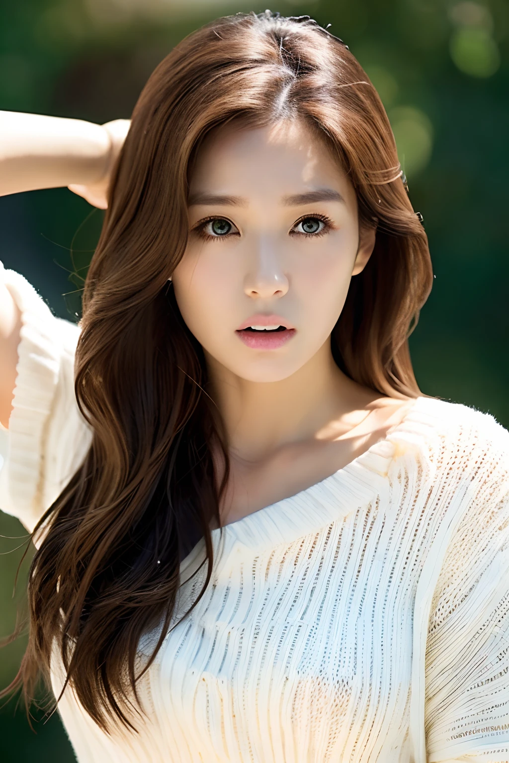 Expression of pleasure、Upturned face、anguished expression、White knitwear、Mirai_Aizawa、brown haired、glamorous、huge tit、dual、Eyes are patchy、The nose is clear、Sexy