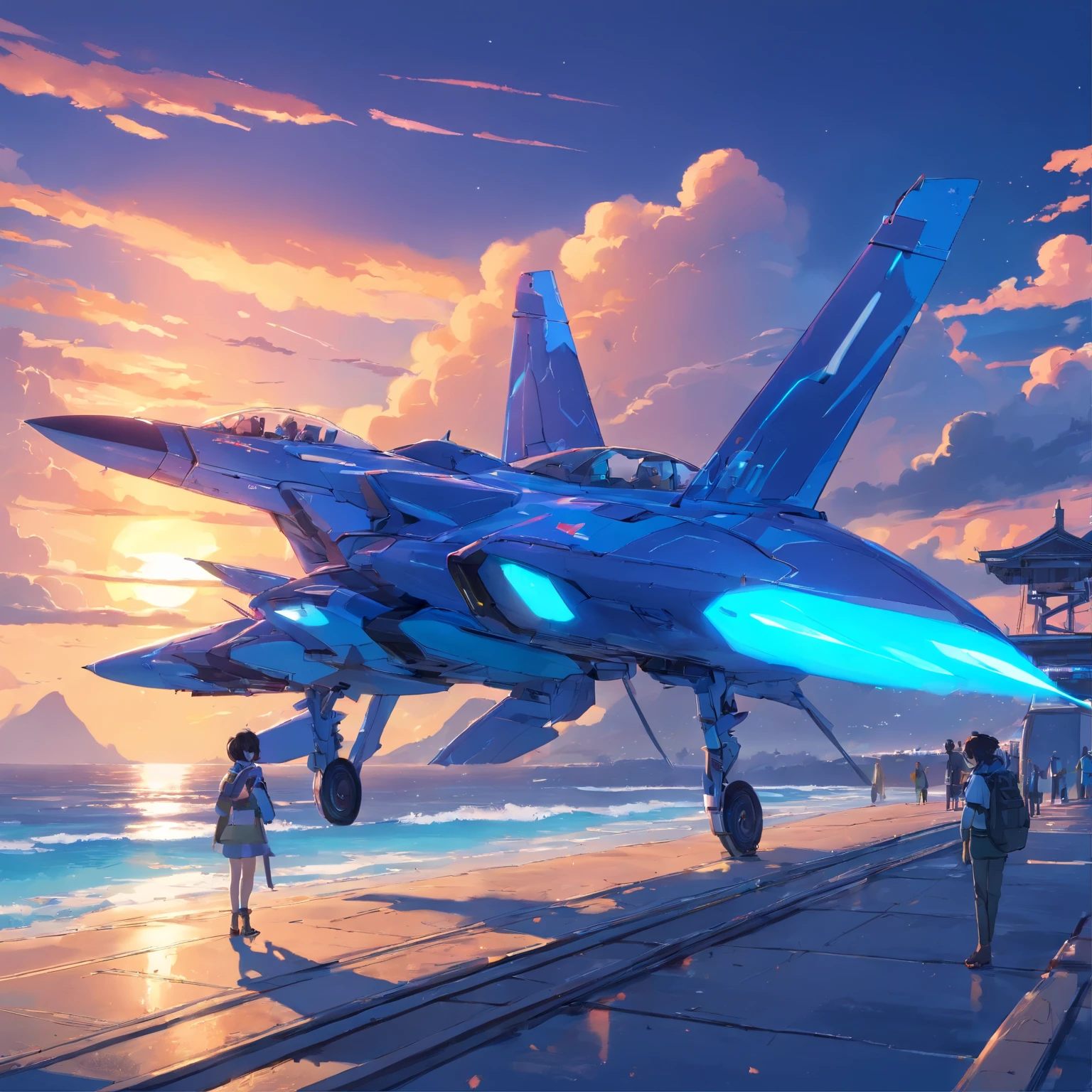 8K, Best Quality, masutepiece, Scenery,pier,wharf, Sea, seaside, utility pole, A long stone bridge stretching to the sea, a panoramic view, A (Futuristic jets) Fly over the azure sky, Leave the path of two white air. Dark blue sky, Sunset, evening, Coral reefs by the sea,(fantasy scene),Detailed fighter,VF-25S型,((brack&Cobalt blue fuselage)),Metal feel,Incandescent effect,neon effect,cyberpunked