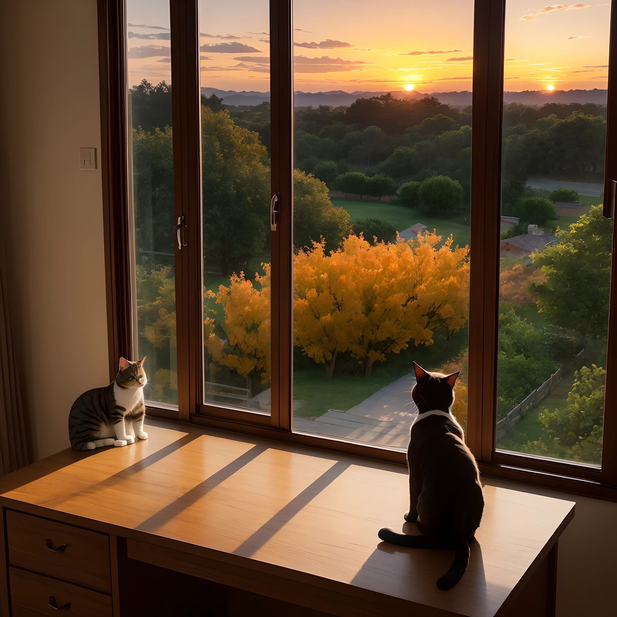 A country-style room, a cat sitting on a desk by the window, a beautiful sunset visible from the window, an orange sky, and beautiful nature, (Masterpiece), (Best Quality), (Ultra high Detailes)
