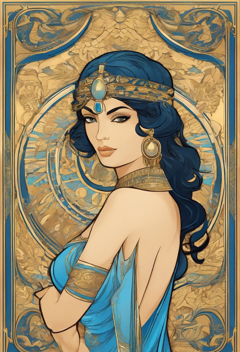 Woman, (Egyptian), elf, tall, curvy, black hair, short hair, yellow eyes, ((blue dress)), gold jewelry, in the style of Alphonse Mucha