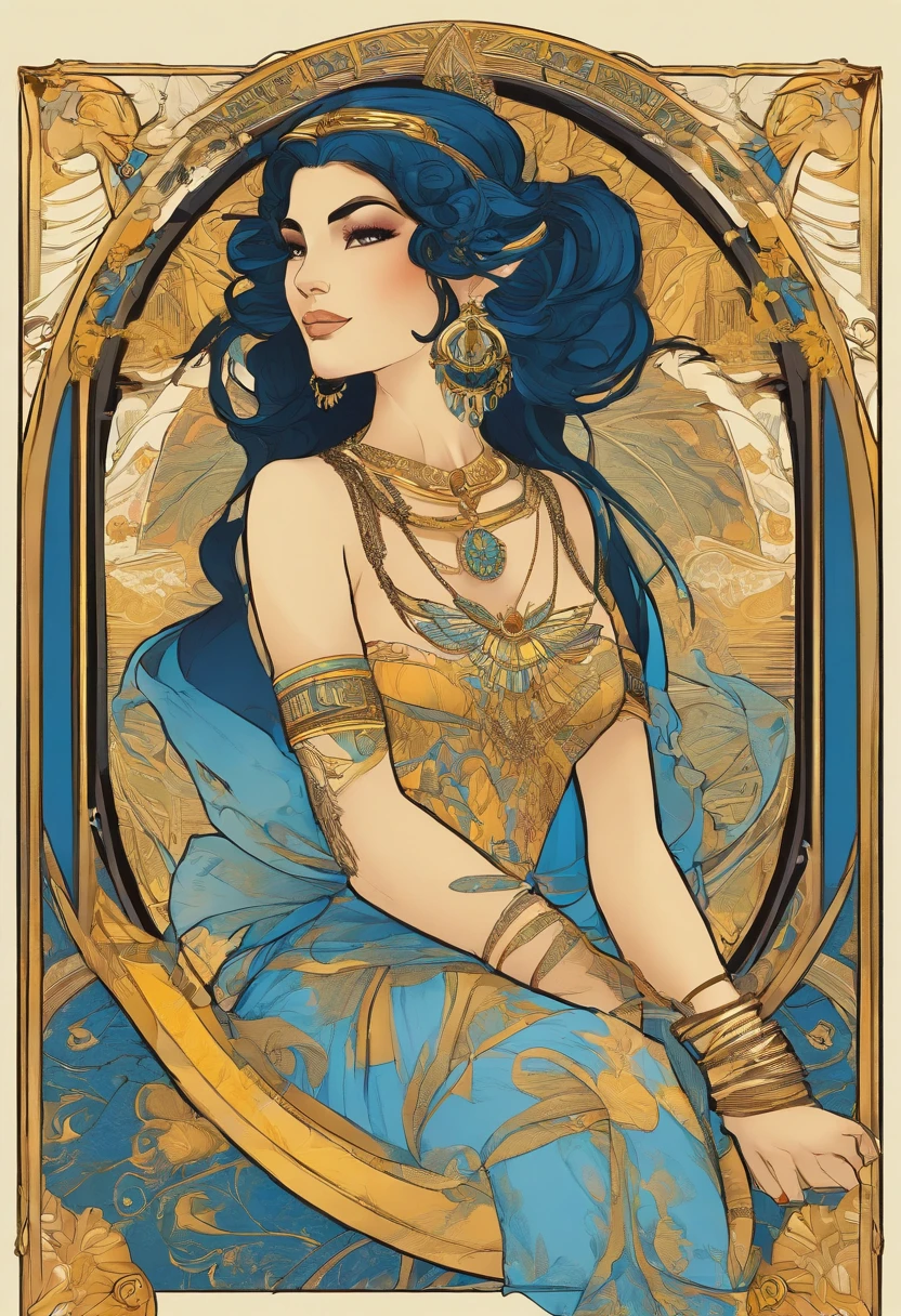 Woman, (Egyptian), elf, tall, curvy, black hair, short hair, yellow eyes, ((blue dress)), gold jewelry, in the style of Alphonse Mucha