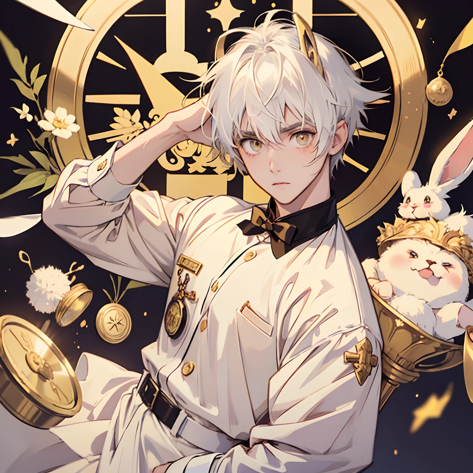 Anime boy, cute, short fluffy white hair, big golden eyes, button nose, flushed cheeks, bunnyboy, bunny ears