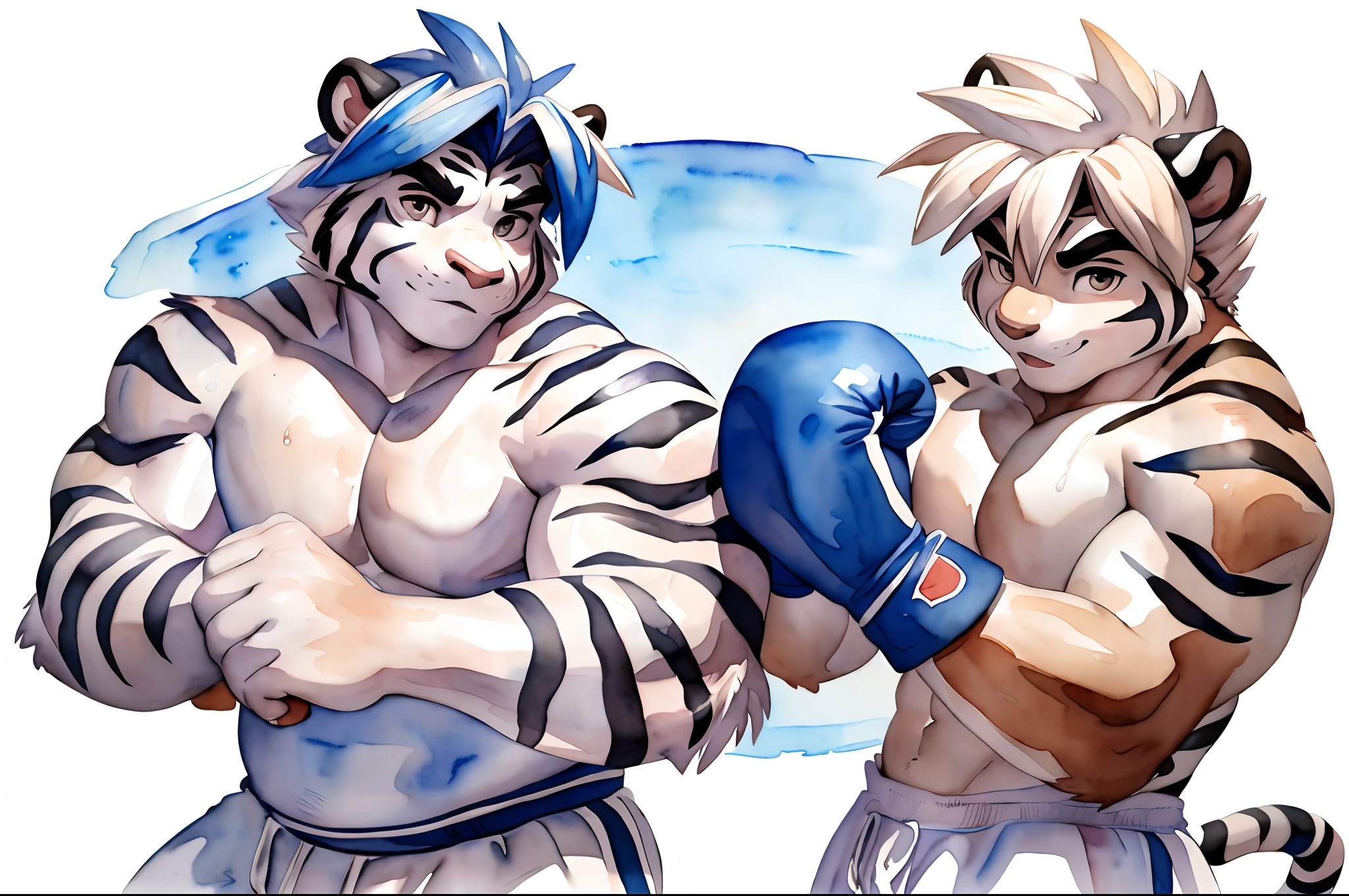 Hominidae, Pose for Camera. 4K, high resolution, Best quality, posted on e621, (Two anthropomorphic white tigers:1.2), Anthropomorphic white tiger, male people, 20yr old, Thick eyebrows, Light blue stripes, Ultra-short hair, shaggy, Strong body, large pecs, ((Shirtless)), They practice boxing together, Pink milk clusters, sweat leggs, White leggings sweatpants, Small raised, on a grassy field, (sport, Muscular, Heavyweight:1.2), Correct anatomy, (White background, Watercolor background:1.1), (by Chunie, author:Taran Fidler:0.8), (Detailed eyes:1.2), Sexy, (cel-shaded:1.2), cartoon shading, (aquarelle:1.2), Serious expressions, Be red in the face, (view the viewer:1.2), Look ahead