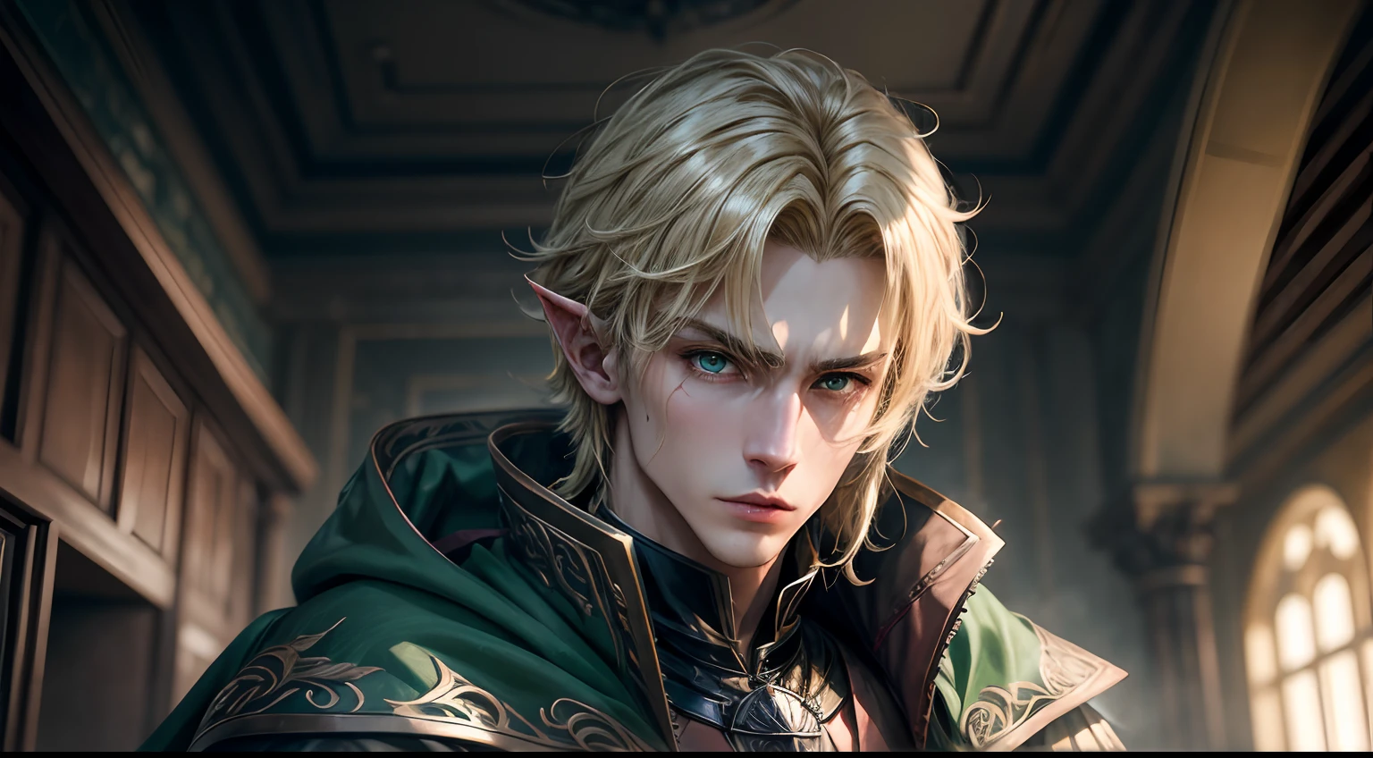 Masterpiece, Best Quality, 1male, Adult, male focus, 独奏, Medium-blonde hair, vivid green eyes, looking a viewer, cape, High-quality metal texture, overcoat, closed mouth, Bangs, high collar,(kbxll:0.6), Fantasy aesthetics, Highly detailed, shadowverse style, Equipment of the performer, Elven Ear, Fix your hands