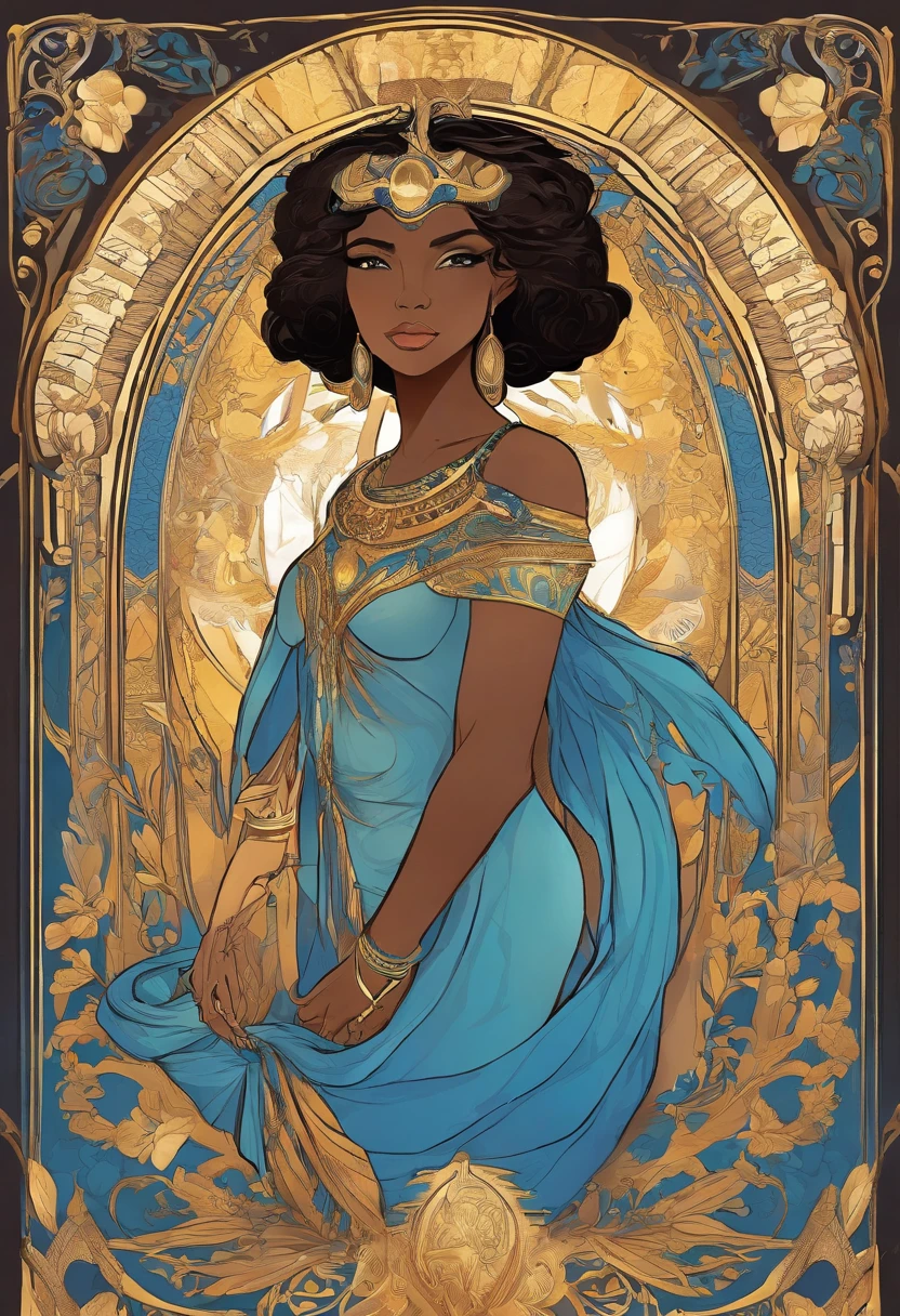 Woman, (Egyptian), (chocolate skin), elf, tall, curvy, black hair, short hair, yellow eyes, ((blue dress)), gold jewelry, in the style of Alphonse Mucha