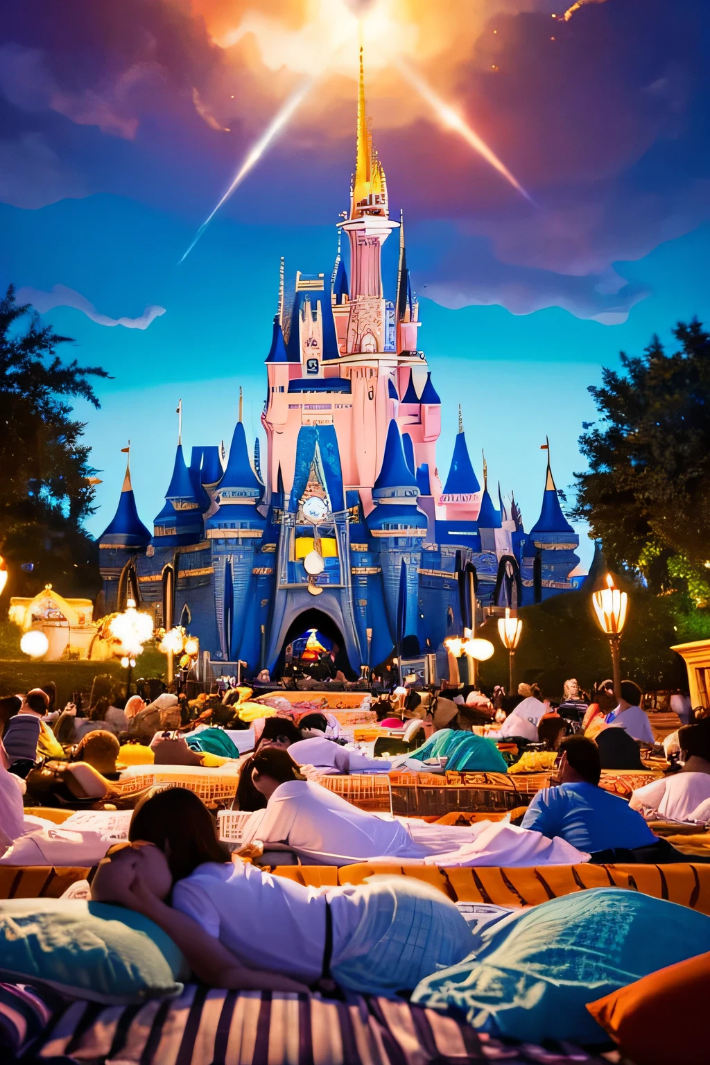 Visualize a large group of people sleeping peacefully in the middle of a Disney theme park, and the magic of Disney creates a bright, dream-like atmosphere that is surreal.