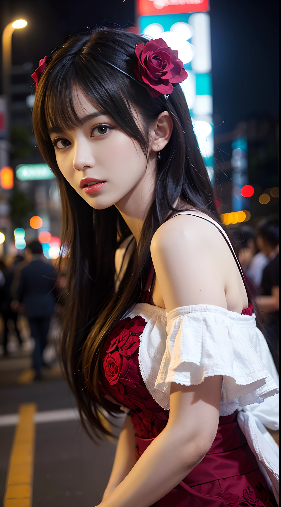 1girl, Tokyo street,night, cityscape,city lights, upper body,close-up, 8k, RAW photo, best quality, masterpiece,realistic, photo-realistic,headgear of red rose, parted bangs, long hair,