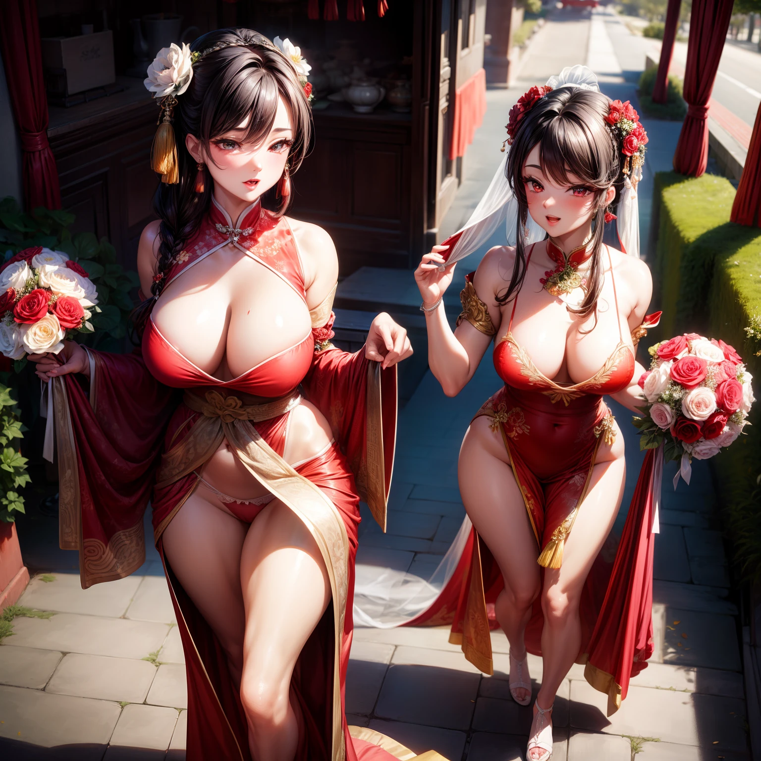 （8K ，Hyper-detailing，Ultra photo realsisim，Best Masterpiece，naturey，Perfect artwork，Perfect female body），Two cute busty girls ，（large tities），Antique flower wedding，Antique flower wedding，Chinese red wedding dress，Phoenix Guanxia，Stylish hairstyle，Elegant and sexy bride，On a quaint street，Dress up in a sexy vintage red wedding dress，Built-in thong panties，Large cleavage，，Stretch meat，Raised sexy，The kinky is exposed ，tit，full body shot of