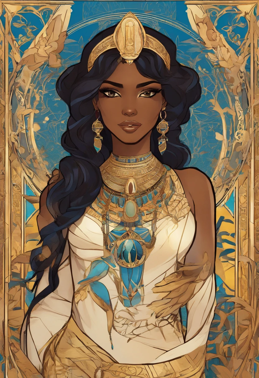 Woman, ((Egyptian)), (chocolate skin), elf, pointy ears, tall, curvy, black hair, short hair, yellow eyes, ((blue dress)), gold jewelry, in the style of Alphonse Mucha