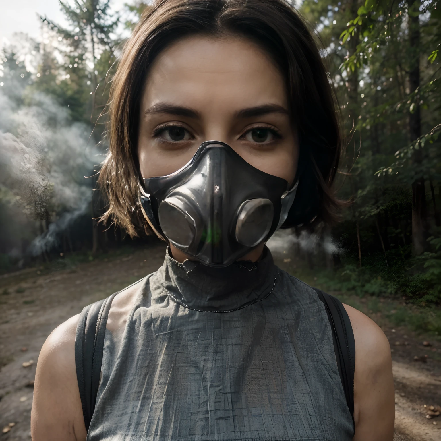 (beste-Qualit, high resolucion, ultra-detailed :1.2), 1 Mature Pretty, Safe Gas Mask Face, Outdoors forest,Smoke Mist, Low-Cut Dress , Illustrations, Couleurs vives, illumination intense, (Shameful dry bump session :1.2)