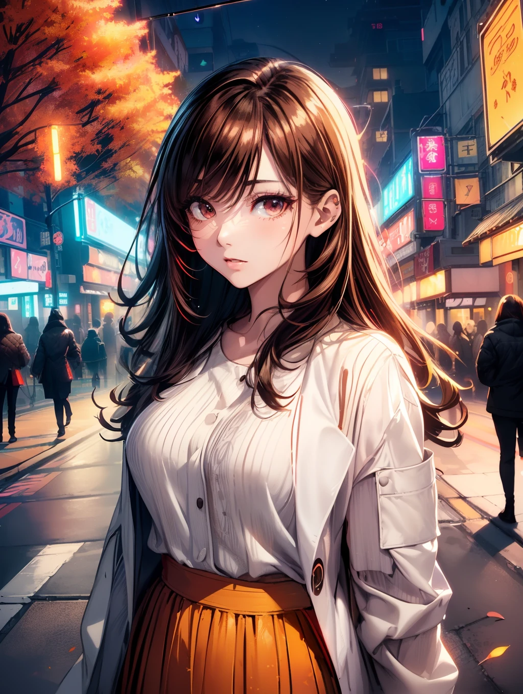 Best Quality, masutepiece, beautiful mature women、Beautiful face、Strong-minded woman、(long red skirt、White coat、Black long sleeves)、brown haired、(Brown-eyed)、Longhaire、Undersized eyes、(((Gingko tree with autumn leaves、Gingko tree)))、(nighttime scene、Colorful neon sign、streetlights、luminous effect:1.5)