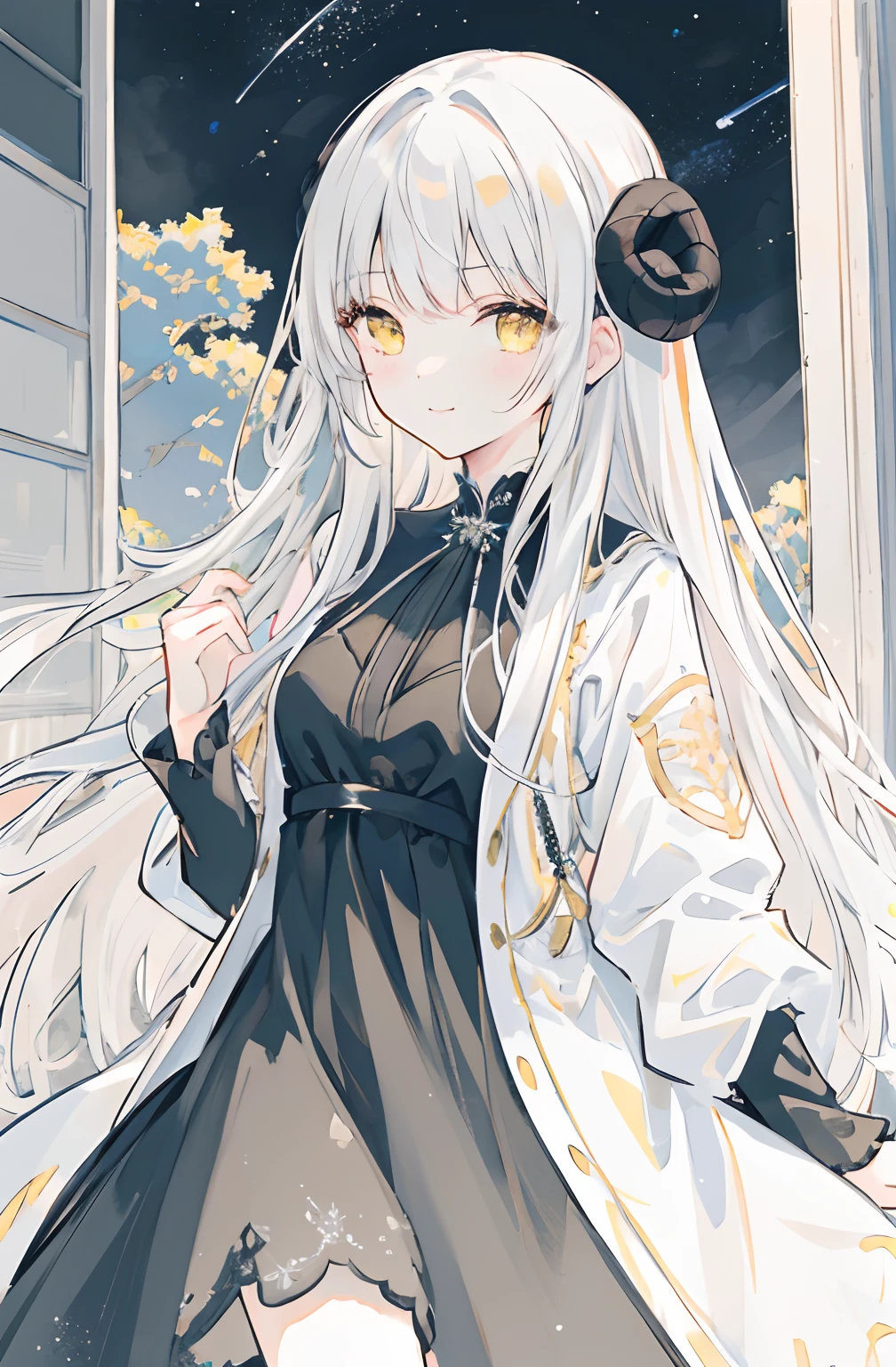 ((masterpiece)), ((top-quality)), (The Amazing Dessinger), (best artist), (Best illustrated landscapes), (best performance), (4K Full HD), (nffsw+), (1girl in) (long to)white hair, (glowing yellow eyes), (astonishing)Starry side landscape painted in artistic and cinematic tones - Mayna Pastel Style - V5(anime illustrated)、Sheep's Horn、Cute smile、depth of fields、Black dress、(Beautiful black dress:1.4)、Dress Color:A black