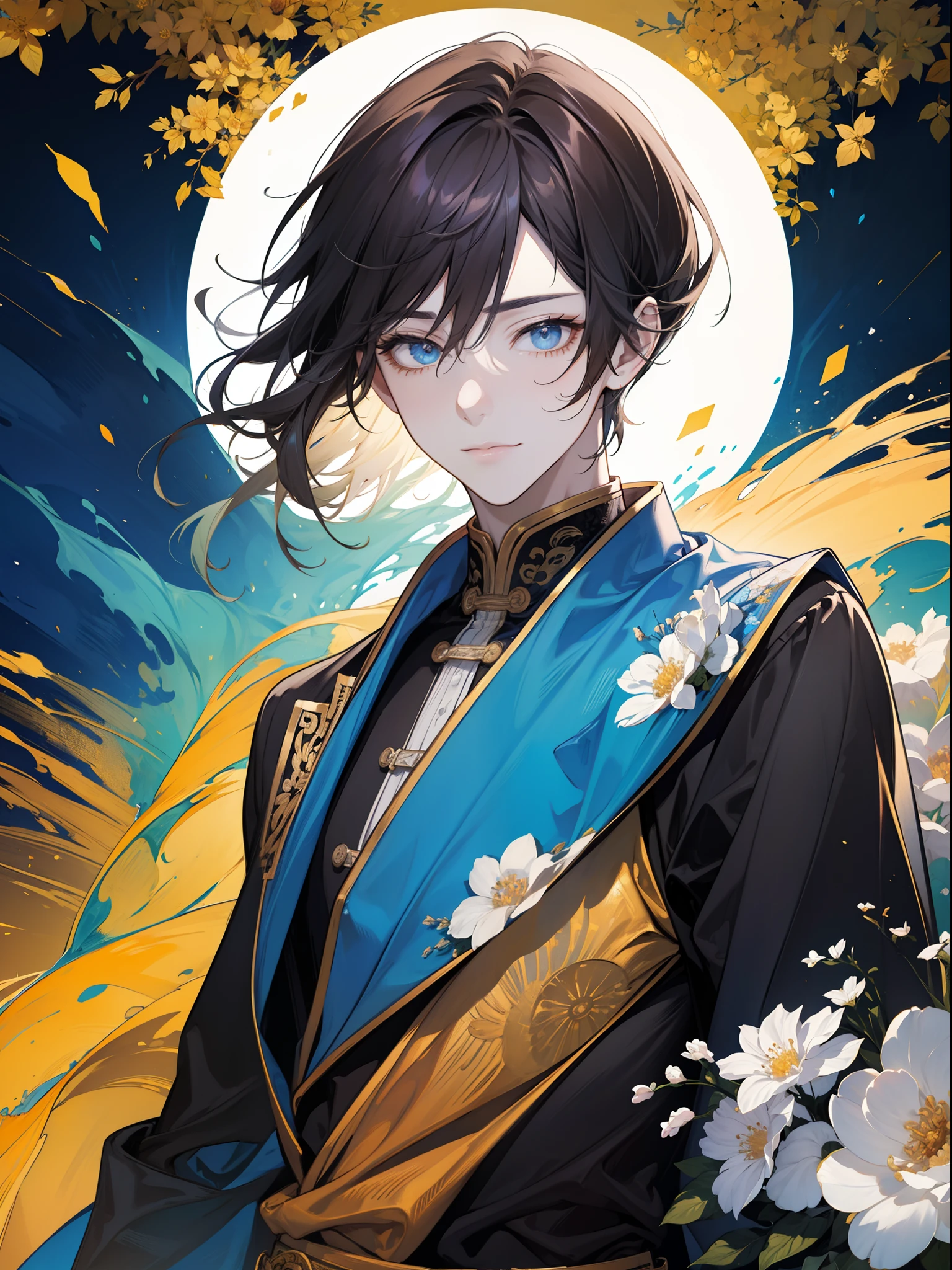 mtu,ancient Chinese costume,Masterpiece, Best quality, 1 male, Adult, Holding a fan in your hand,Handsome, tall muscular guy, Broad shoulders, finely detailed eyes and detailed face, Extremely detailed Cg Unity 8K wallpaper, Intricate details, Brown hair long, Low ponytail, fantasy, complex pattern, Detailed face, There is a circle behind him, Lens flare, Blue particles flutter in the sky,Colorful, Luminous white particles, White robe, Gold bracelets and accessories, Prism, Glowing, glitters, Particle, Blooming flowers, Love to celebrate and have fun, enjoying nature, Bright and optimistic outlook, Innovation and risk-taking, Represents happiness and harmony, Depth of field,Masterpiece, Best quality, High quality, Anatomically correct,High details, Super detail, 1080p, hyper HD,(absurderes, A high resolution, ultra - detailed),