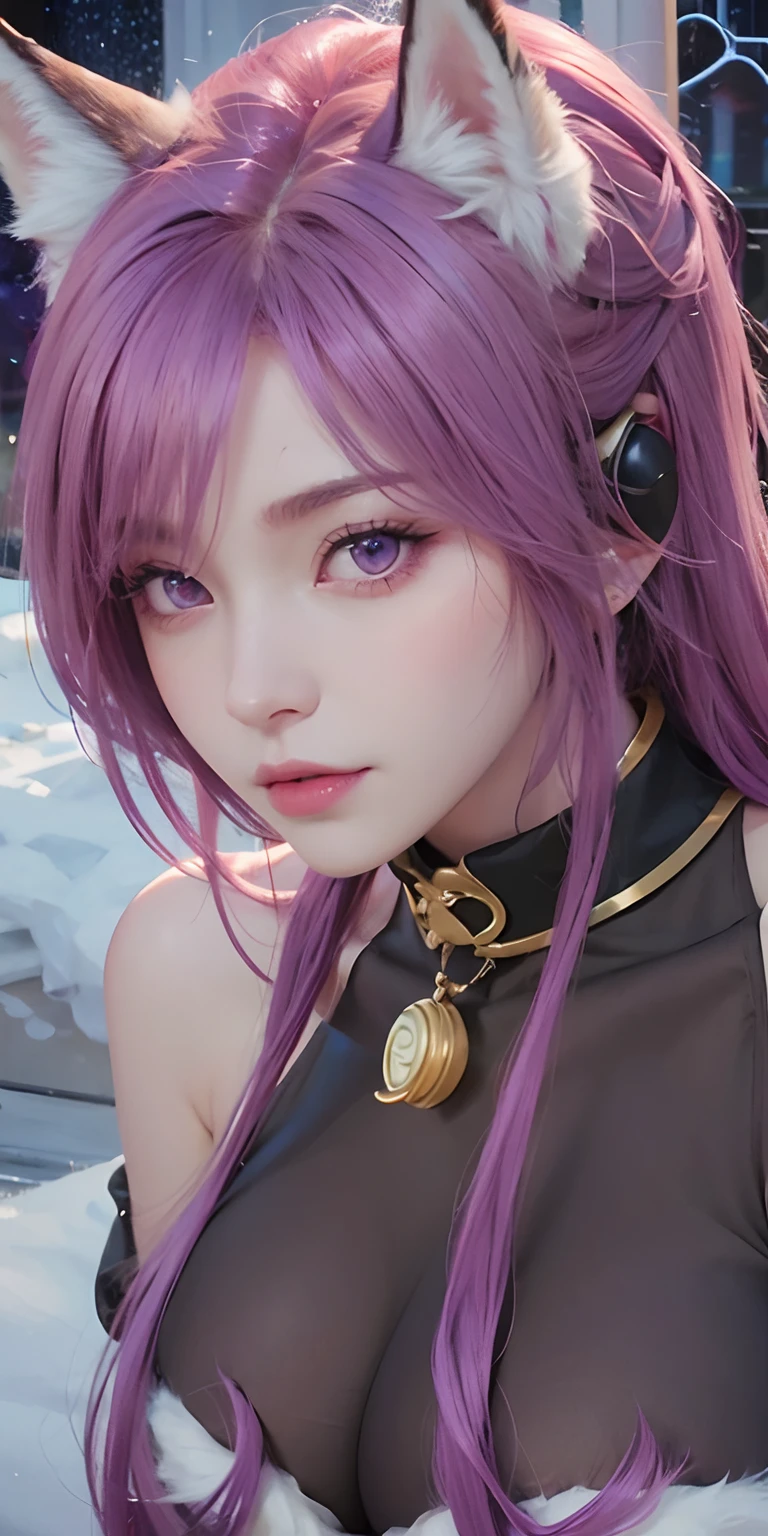 1girl,huge breast, purple hair,ears fox,tail fox, high quality, ultra detailed, masterpiece, realistic