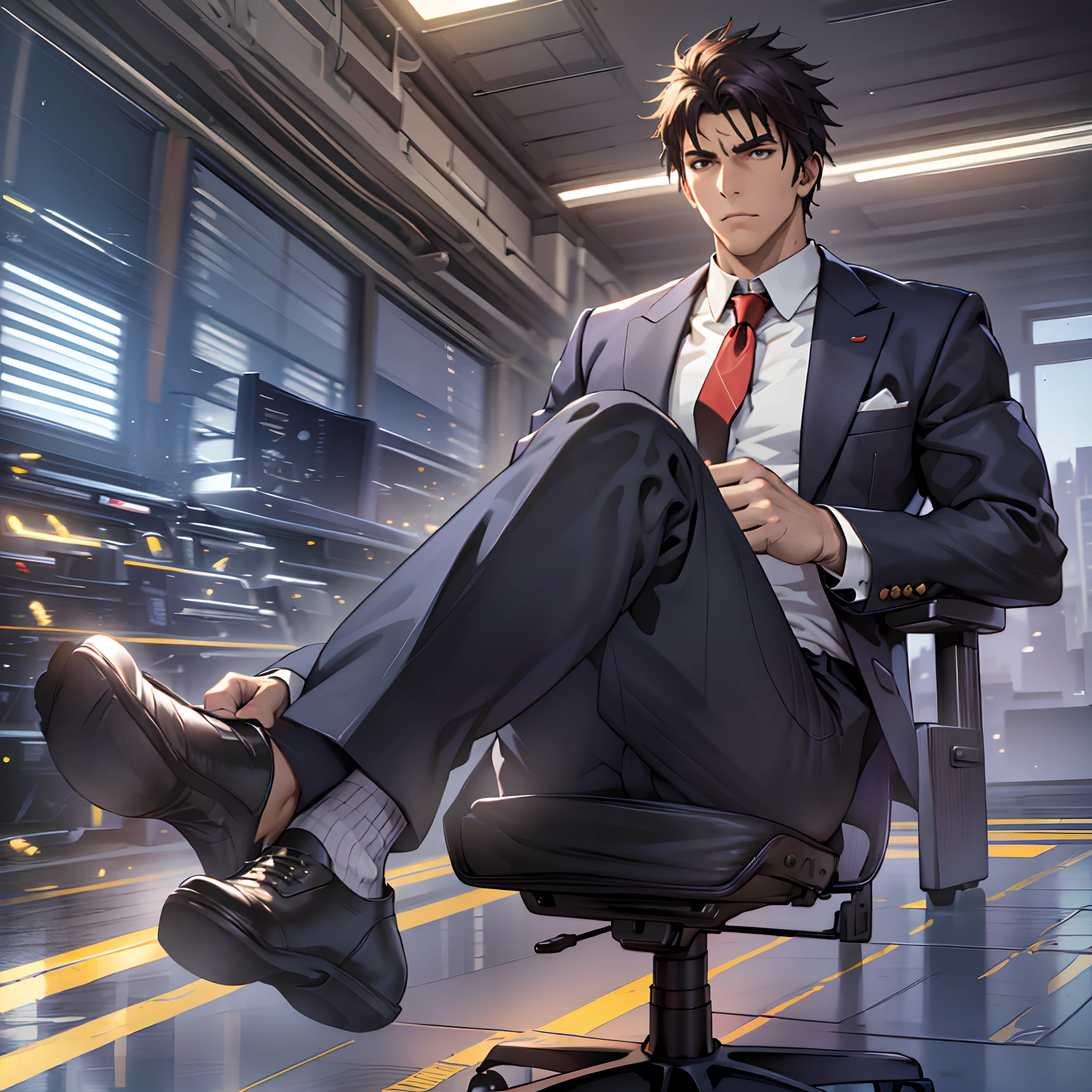 A man in a suit and leather shoes sits in an office chair，Feet up，style of anime, malefocus，the feet，tiese，large pecs，Big bag，Wear white basketball socks，Half recumbent，CG sense，POV perspective，spread their legs，Dark atmosphere，8K,Cinematic lighting effects，Textured skin，best qualtiy，Storytelling images，Storytelling images，dynamic blur，actionpose，Elevation viewing angle，formal，Toes，Business suit，A sole,office room，sitted，short detailed hair