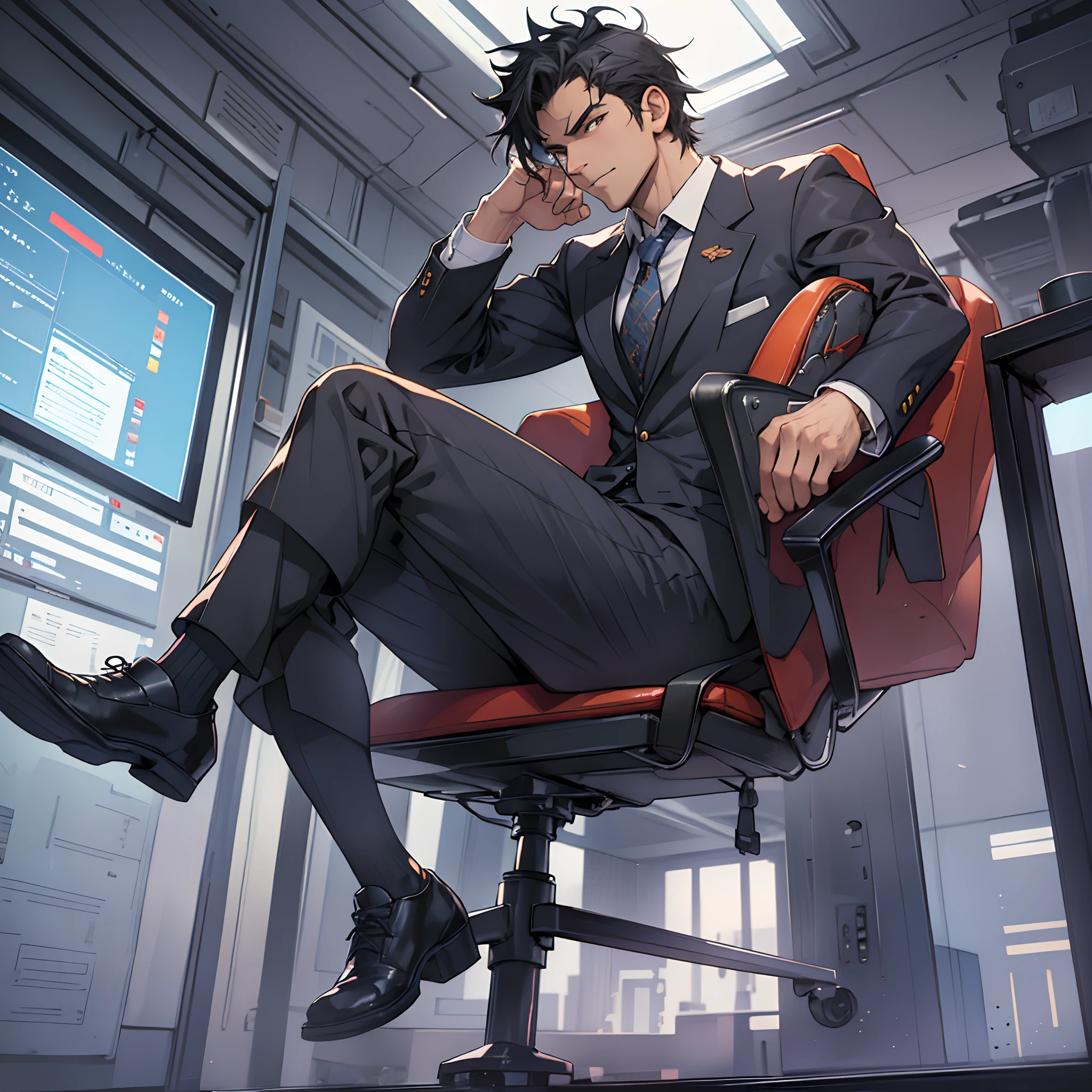 A man in a suit and leather shoes sits in an office chair，Feet up，style of anime, malefocus，the feet，tiese，large pecs，Big bag，Wear white basketball socks，Half recumbent，CG sense，POV perspective，spread their legs，Dark atmosphere，8K,Cinematic lighting effects，Textured skin，best qualtiy，Storytelling images，Storytelling images，dynamic blur，actionpose，Elevation viewing angle，formal，Toes，Business suit，A sole,office room，sitted，short detailed hair