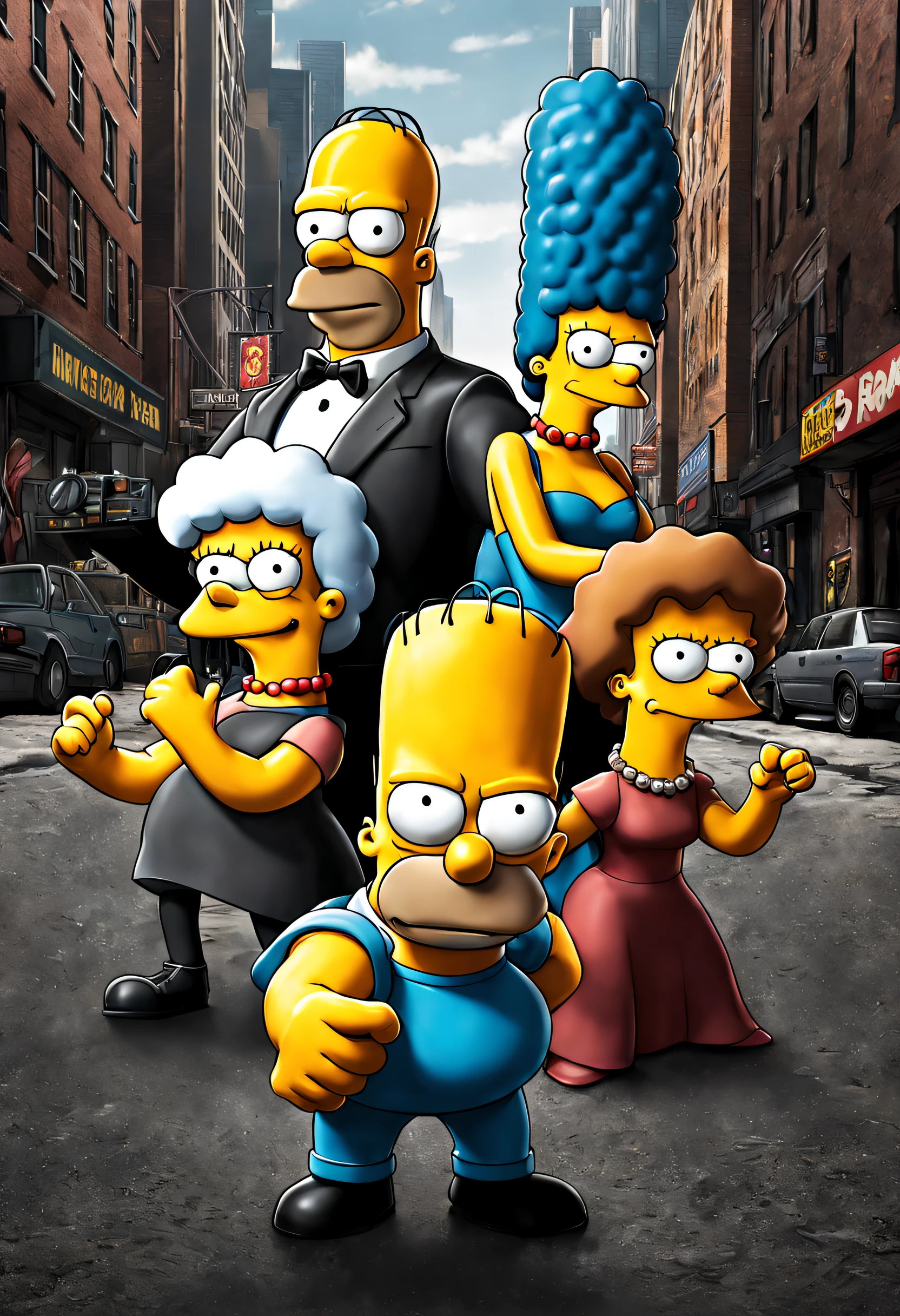 Crie um cartaz de filme com os personagens do desenho "simpsons", como homer, bart, lisa,meg,trasnformados em super saiajin. Coloque o bart como protagonista, usando a armadura do homem de ferro. O cartaz deve ser baseado no jogo "marvel", com o estilo em Anime CGI,cartoon