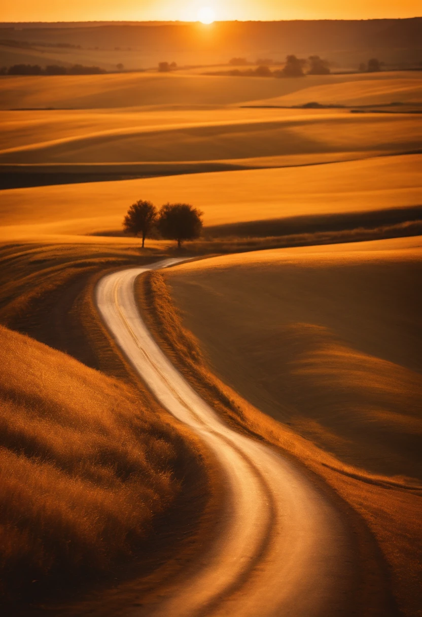 A winding road cutting through a vast golden field during sunset, with long shadows stretching out across the landscape