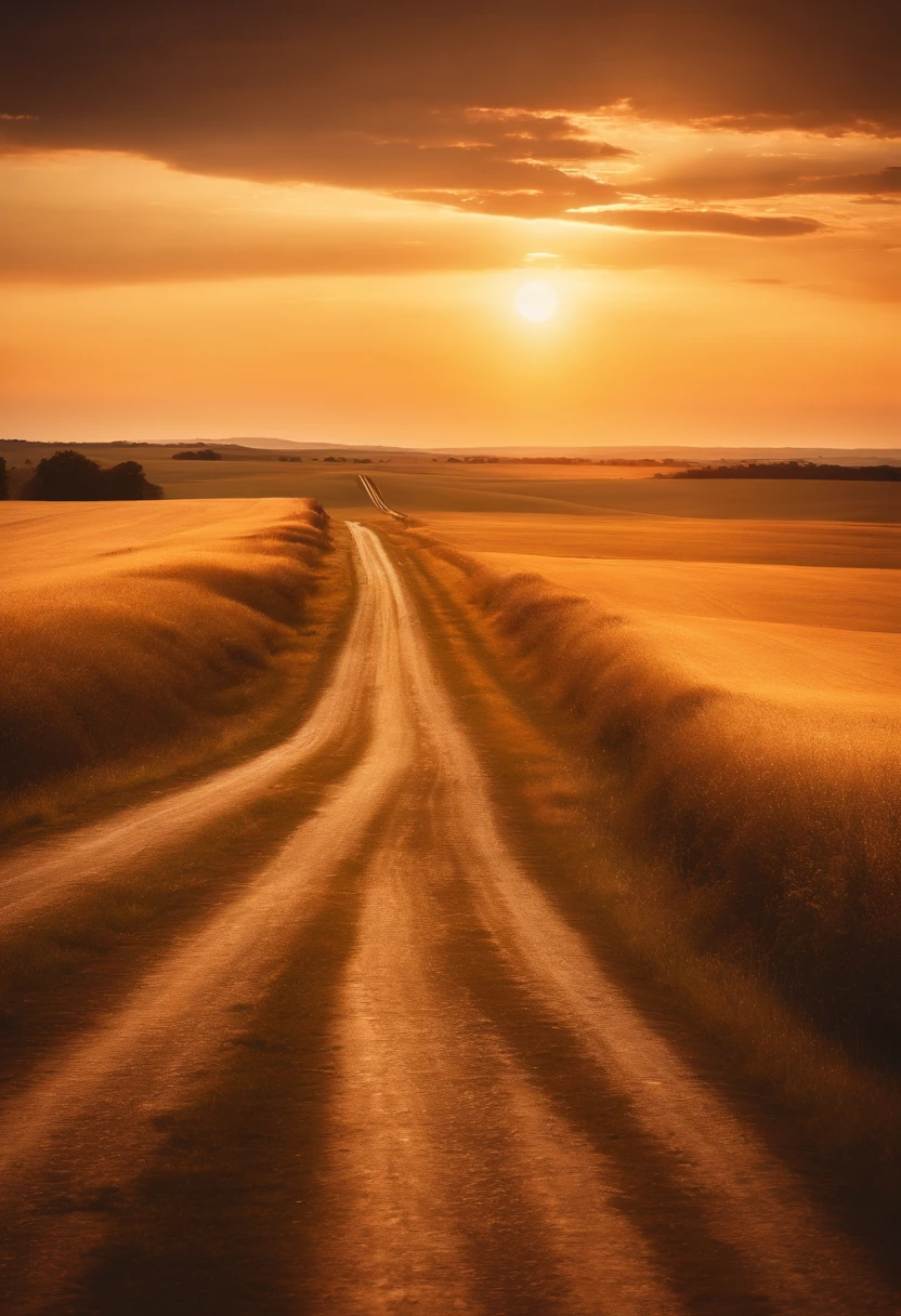 A winding road cutting through a vast golden field during sunset, with long shadows stretching out across the landscape