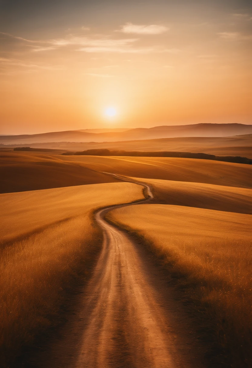 A winding road cutting through a vast golden field during sunset, with long shadows stretching out across the landscape