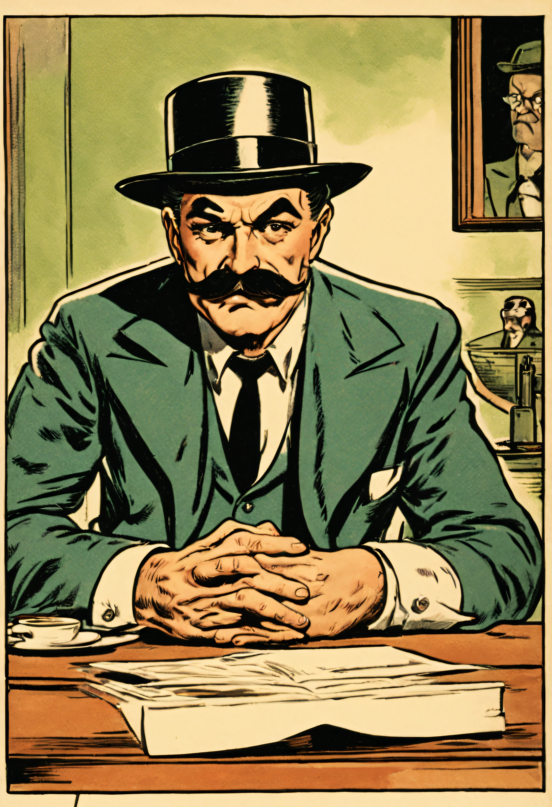 comicbook, anos cincuenta, homem de meia idade, bigode, Bowler hat, terno xadrez, sentado em uma mesa, look of concern, mesa cheia de boletos, mobilia velha dos anos 50