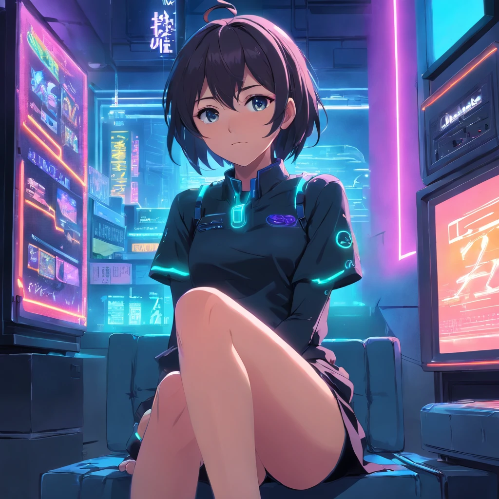 (ultra-realistic, single subject, pre- girl, short black hair, headphones draped over her neck, slumped in an ergonomic armchair, positioned within a futuristic cabin adorned with numerous monitors and holographic screens, viewed from an overhead perspective. The cabin is illuminated by soothing blue lights. She exhibits a disdainful expression, her body lean with a flat chest, clad in a miniskirt that reveals her visible panties. Her legs are crossed open, providing a straightforward view.)