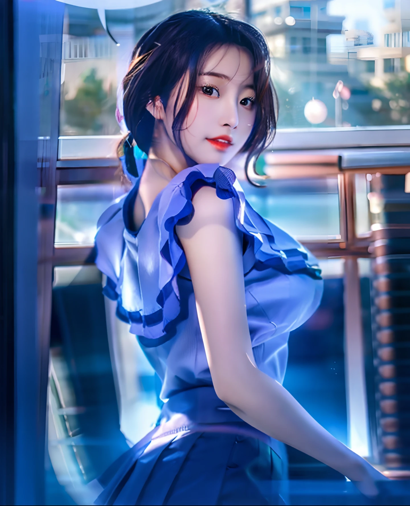 A woman in a blue shirt stands in front of the window, beautiful alluring women, Seductive asian girl, photorealistic art, Realistic schoolgirl, Attractive realistic girl, inspired by Sim Sa-jeong, Beautiful and seductive realistic teenager, Realisticstyle, digital art of an elegant, urban girl fanart
