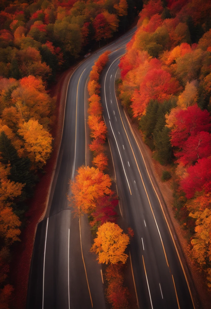 An aerial shot of a curving road surrounded by vibrant fall foliage, creating a stunning canopy of red, orange, and yellow leaves.