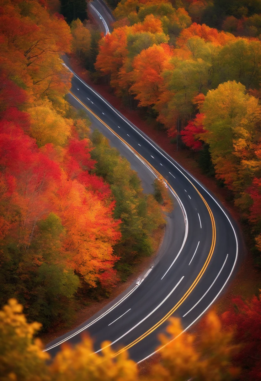An aerial shot of a curving road surrounded by vibrant fall foliage, creating a stunning canopy of red, orange, and yellow leaves.