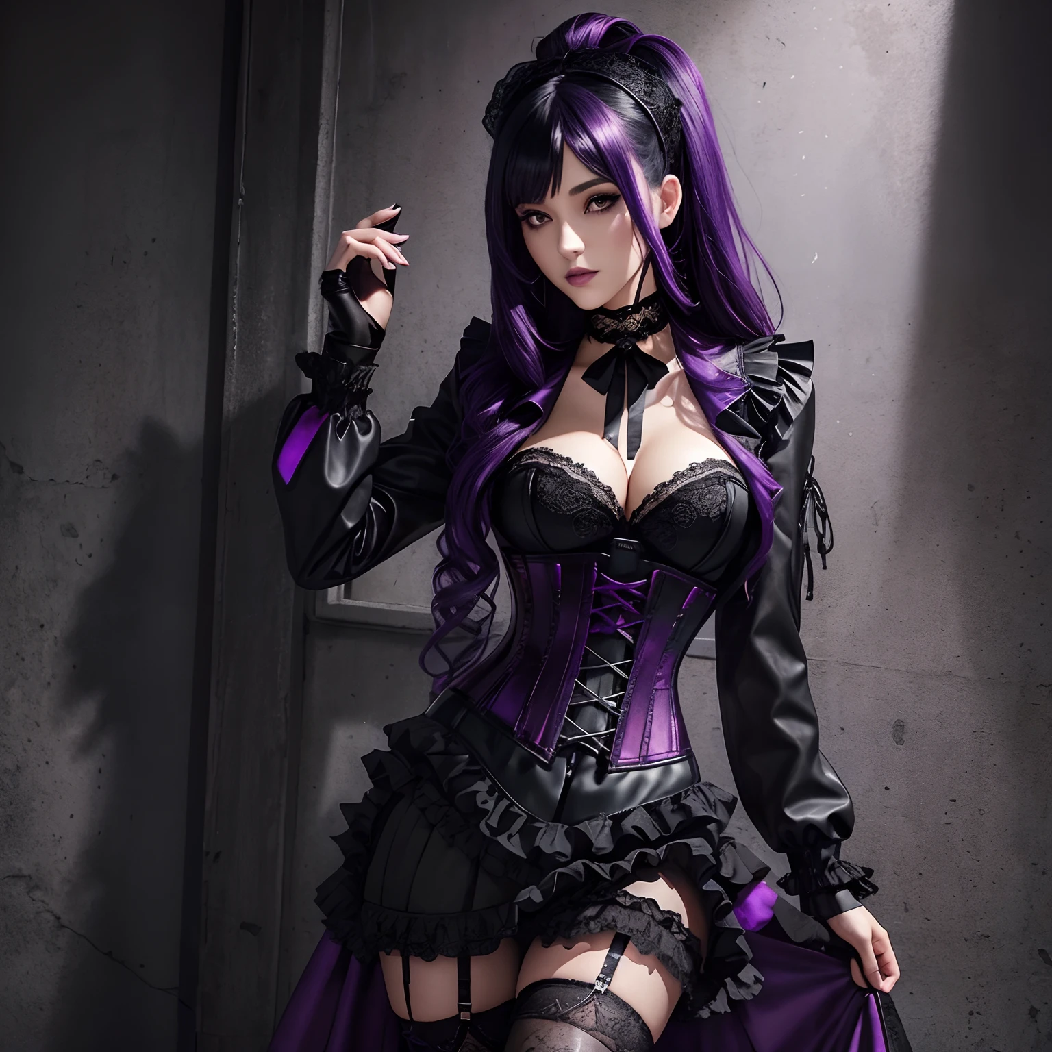 woman in goth clothing, black:purple ((Ombré hair)), lace choker, (corset), jacket, leather gloves, layered frilled long skirt, lace underskirt, knee high boots, stockings, ribbons, full body