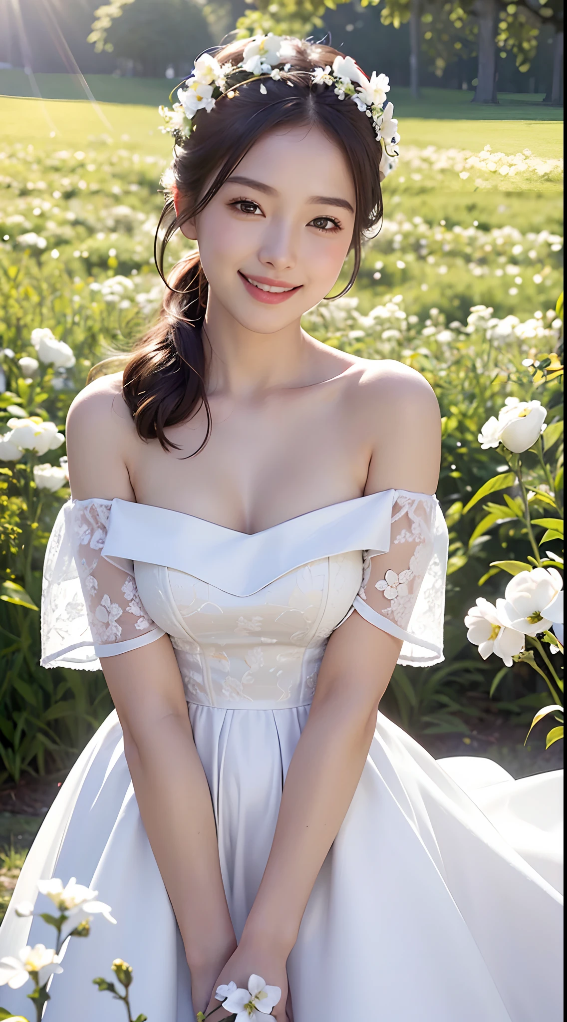 Best quality, masterpiece, ultra high res, (photorealistic:1.4), raw photo, 1girl, white dress, off shoulder, blossom flower field, glowing skin, light smile