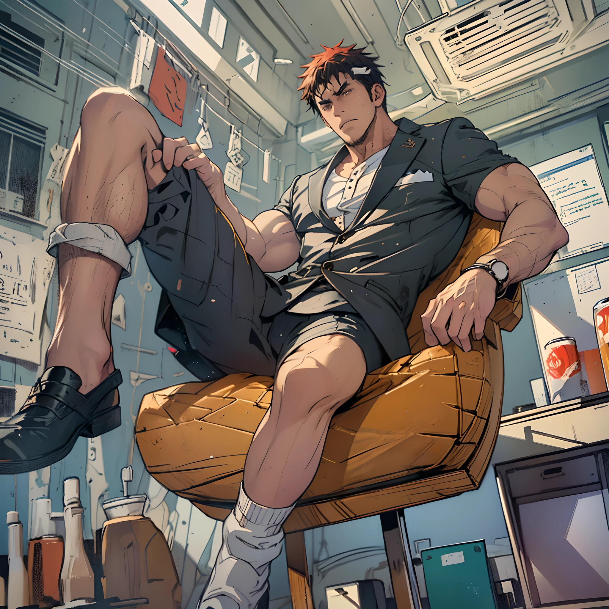 A man in a suit and leather shoes sits in an office chair，Feet up，style of anime, malefocus，the feet，tiese，large pecs，Big bag，Wear white basketball socks，Half recumbent，CG sense，POV perspective，spread their legs，Dark atmosphere，8K,Cinematic lighting effects，Textured skin，best qualtiy，Storytelling images，Storytelling images，dynamic blur，actionpose，Elevation viewing angle，formal，Toes，Business suit，A sole,office room，sitted，short detailed hair