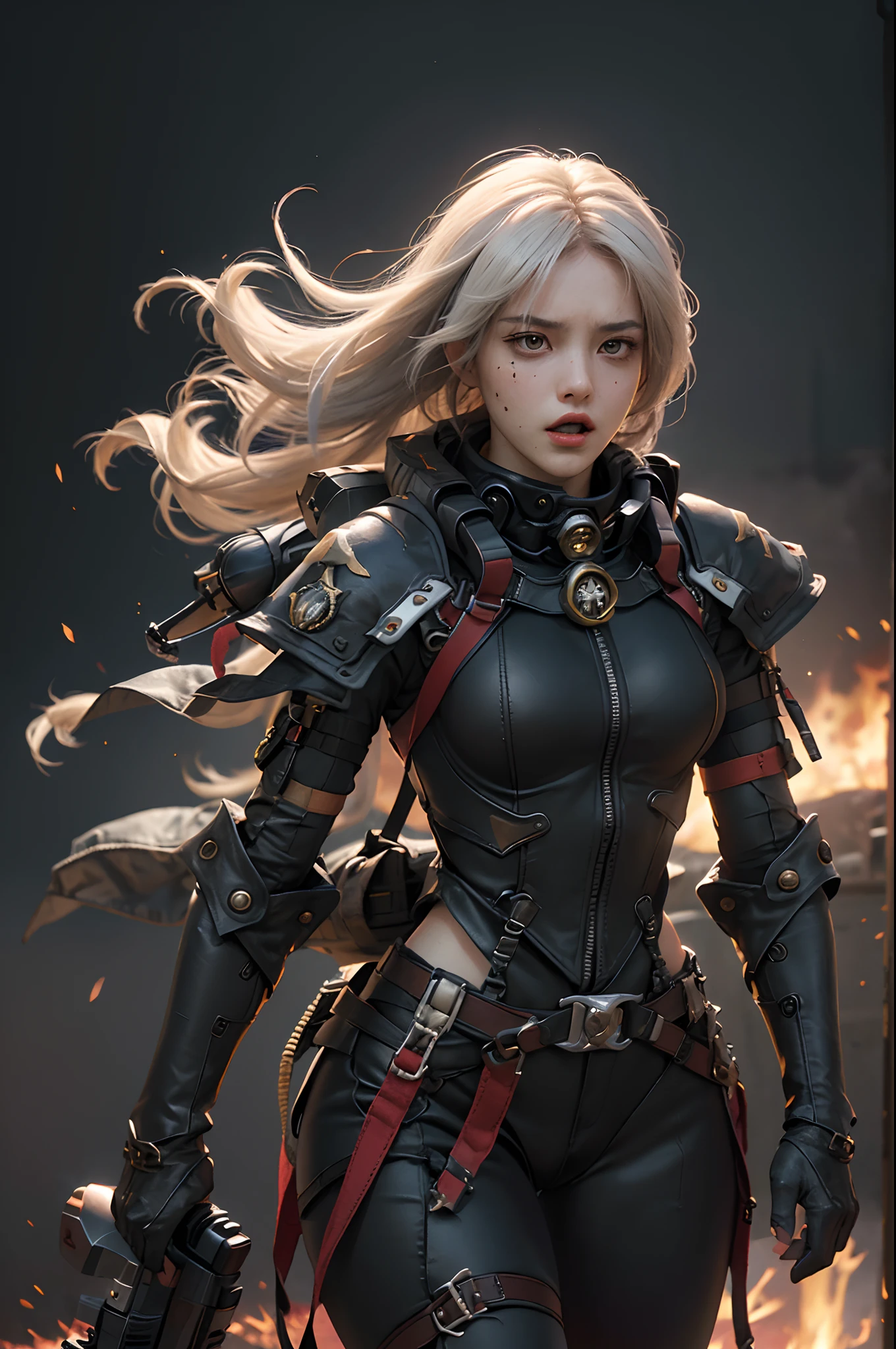 (Highest image quality, outstanding details, ultra-high resolution), 1 girl, suit((futuristic military outfit, adepta sororitas, military harness, military gears such as pouches)), (glamour body, curvy body, buffed and muscular body, tight abs, ), background(warfare background including explosion and flame), (open mouth and shout out for war cry, angry expression, aggressive expression, pointing to a direction, advancing forward, dynamic pose), white hair, cowboy shot, low angle,