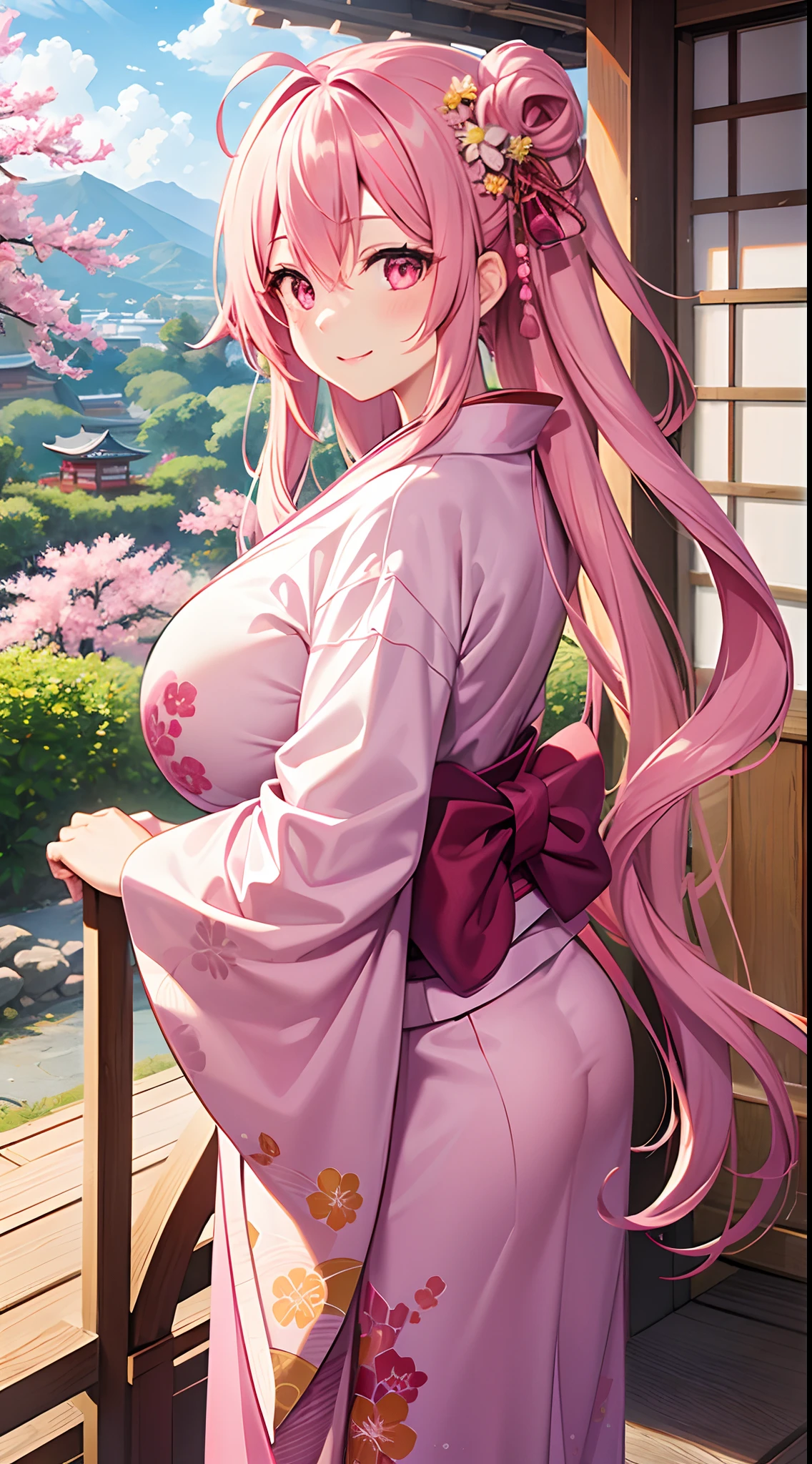 1 girl, game CG, pink kimono, hair ornament, gigantic breasts, pink hair, long hair, straight hair, ahoge, pink eyes, smile, Japanese scenery