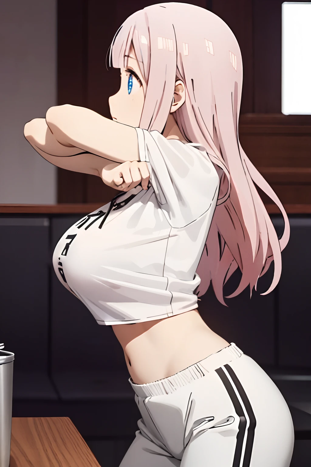 realisticlying、女の子 1 人、Pink hair、length hair、Small black ribbon、radiant eyes、(Colossal tits), White T-shirt, croptop, leather pant、shoot from the side, Open your crotch wide, Hands on the buttocks