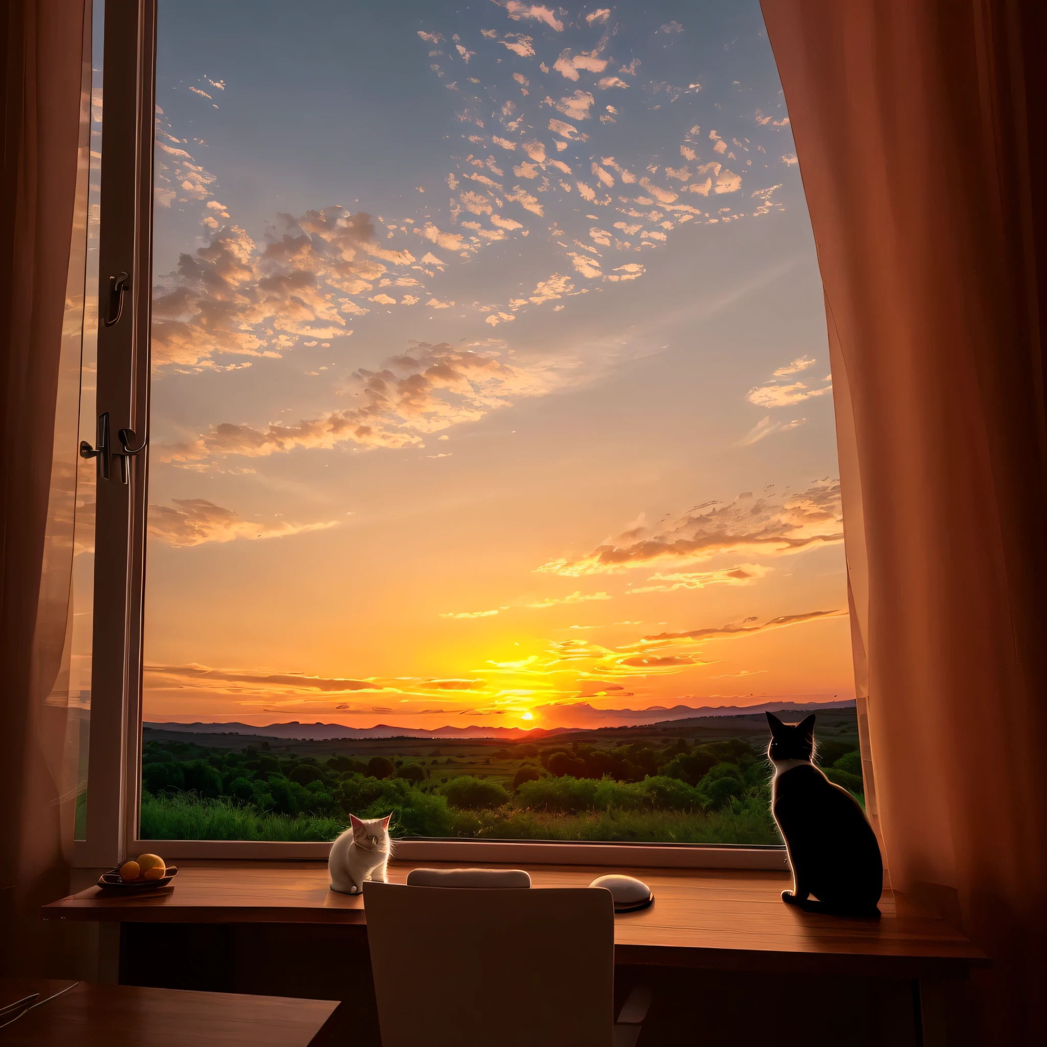 A country-style room, a cat sitting on a desk by the window, a beautiful sunset visible from the window, an orange sky, and beautiful nature, cinematic lighting, (Masterpiece), (Best Quality), (Ultra high Detailes)