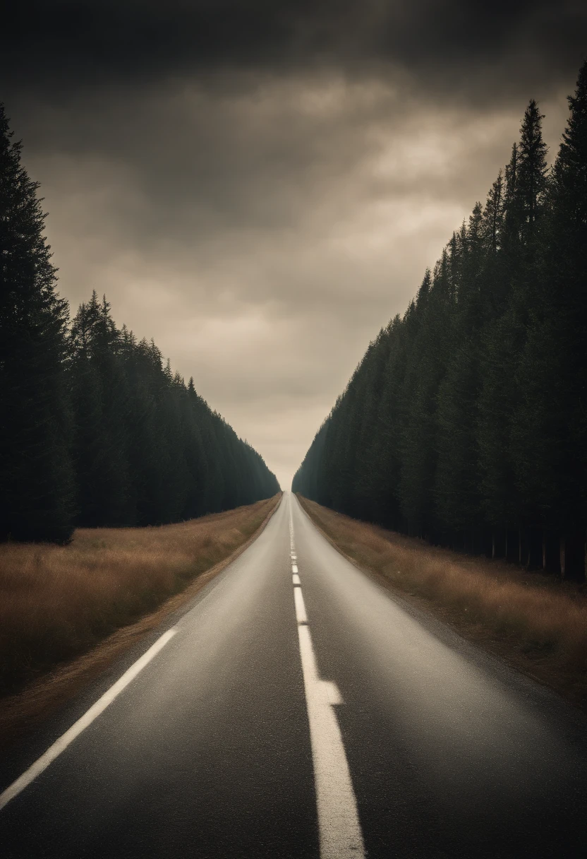A long straight road disappearing into the horizon, lined with tall, majestic trees on both sides, creating a tunnel-like effect.