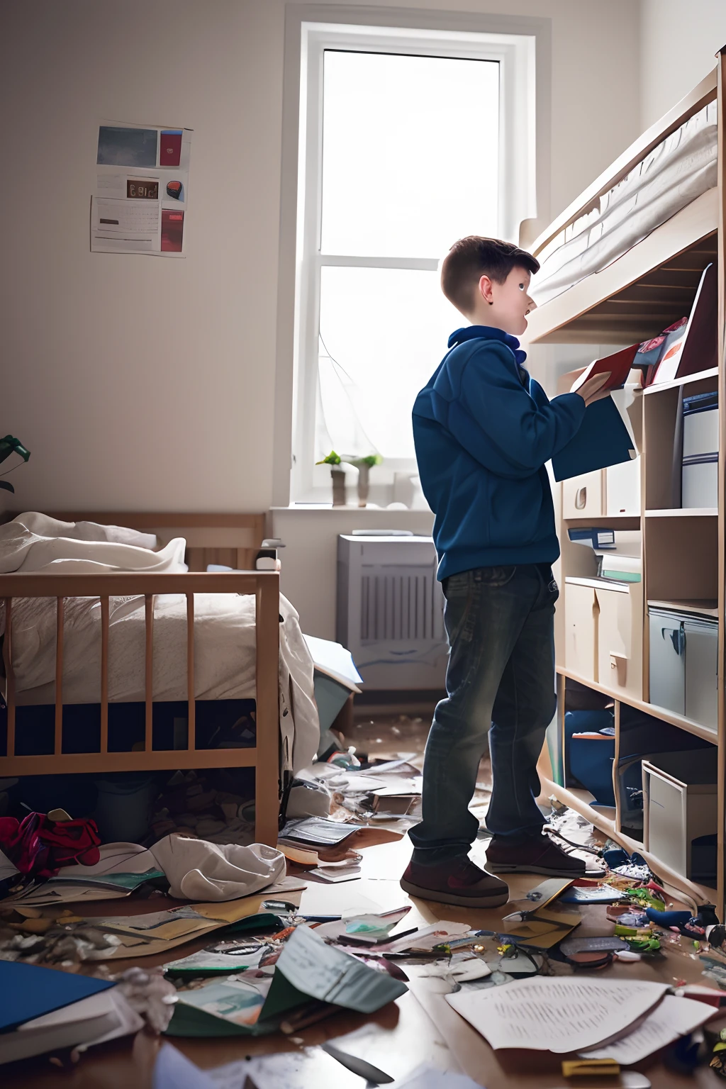 A boy desperately searching for his lost graduation thesis in his dormitory, intense anxiety, messy room, scattered papers, dim lighting, realistic rendering, high resolution (best quality, 4k, vivid colors), focused attention, determined expression