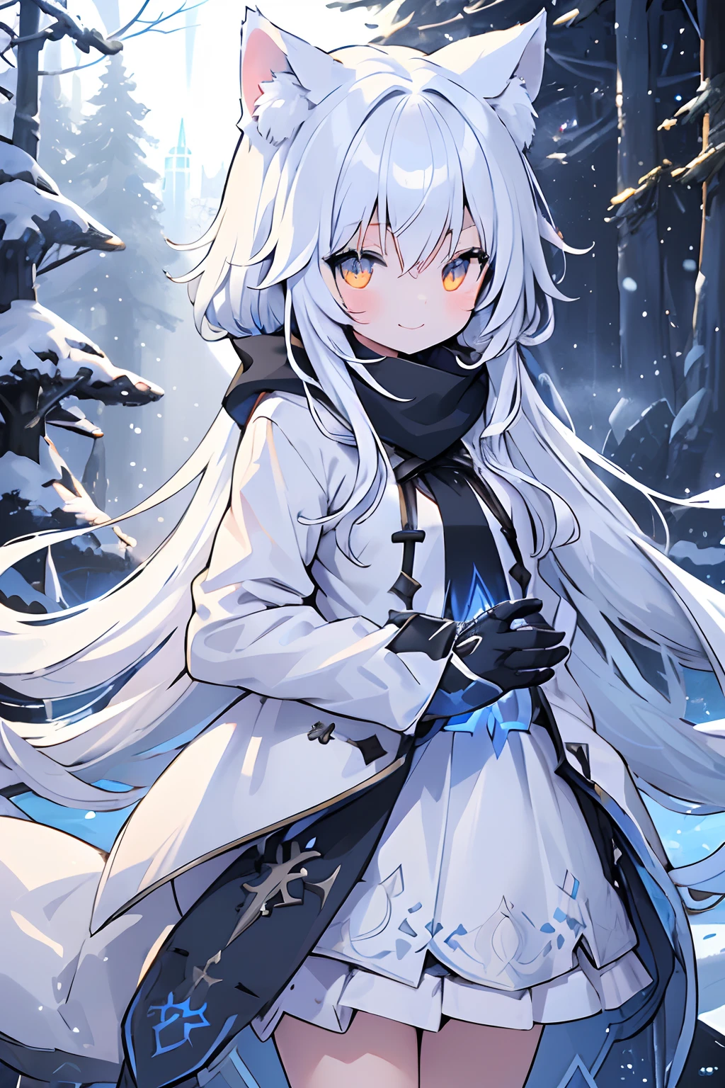 (Best Quality:1.05), 1girl in, Winter clothes, detailed  clothes, High quality winter clothes, intricate detailes, mittens, Smiling, Cold, Forest Village, Snow, Yuki, Sun rays, Shining, zori, evening sun, Cat ears, Orange Eyes, White Winter Jacket,   Dynamic lighting, intricate detailes,White hoodie、hoods、Blue eyes、a miniskirt、Cute *********** s、slender、Crisp eyes、Filigree、hiquality、animesque、Sword posture、blue aura、Fantastical