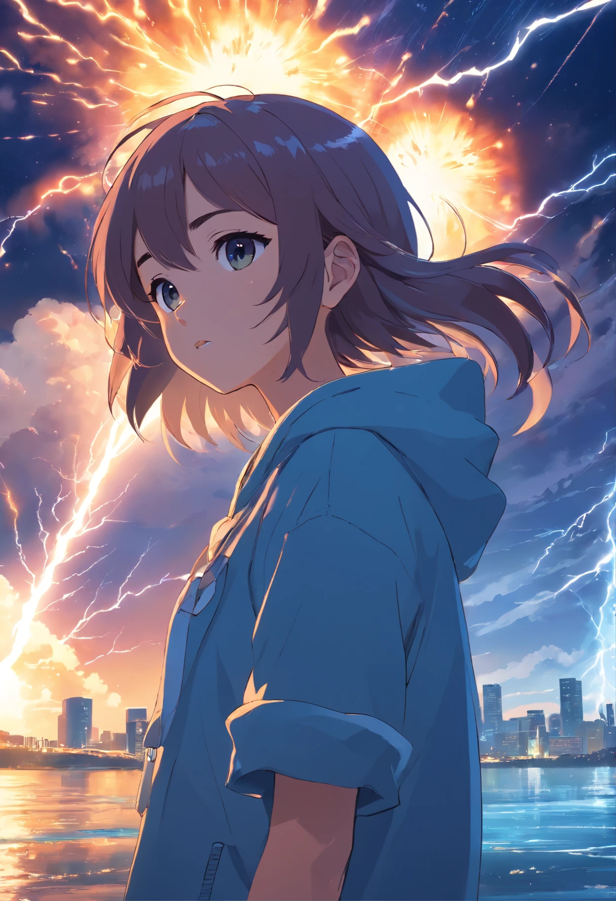 pup, Surreal, Tense, Warm, Highly detailed, sharp, Cosmic explosion,Supernova explosion,Star Ocean,Professional, 8K UHD, Twilight, movie, Dark, Violent, plein air, River, buttle, chase, Dramatic, Vivid, Tense atmosphere, rendered, epicd, Twilight, nffsw, album covers, blizzard, Lightning, disaster