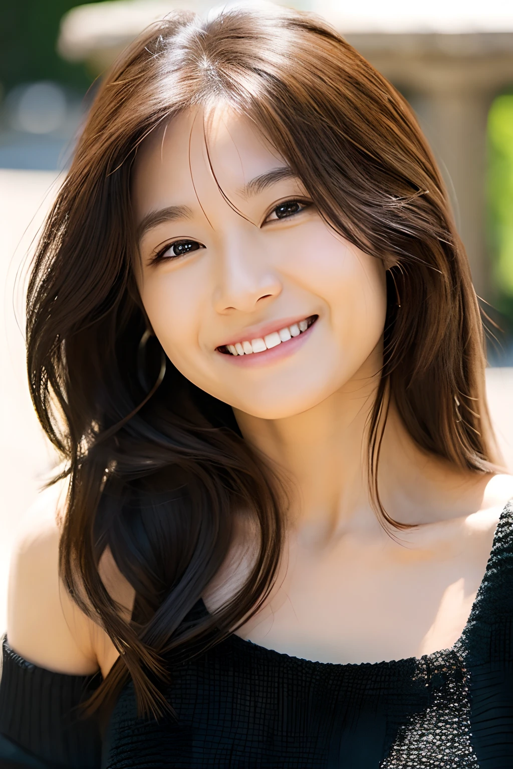 facial expression of smile、Knit in black with shoulders、Mirai_Aizawa、Golden hair、glamorous、huge tit、dual、Eyes are patchy、The nose is clear、Sexy