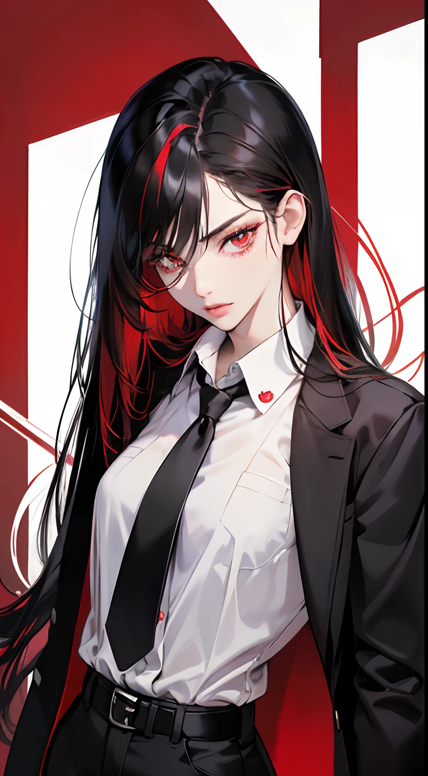 Anime girl with long black hair and red eyes in a white shirt - SeaArt AI