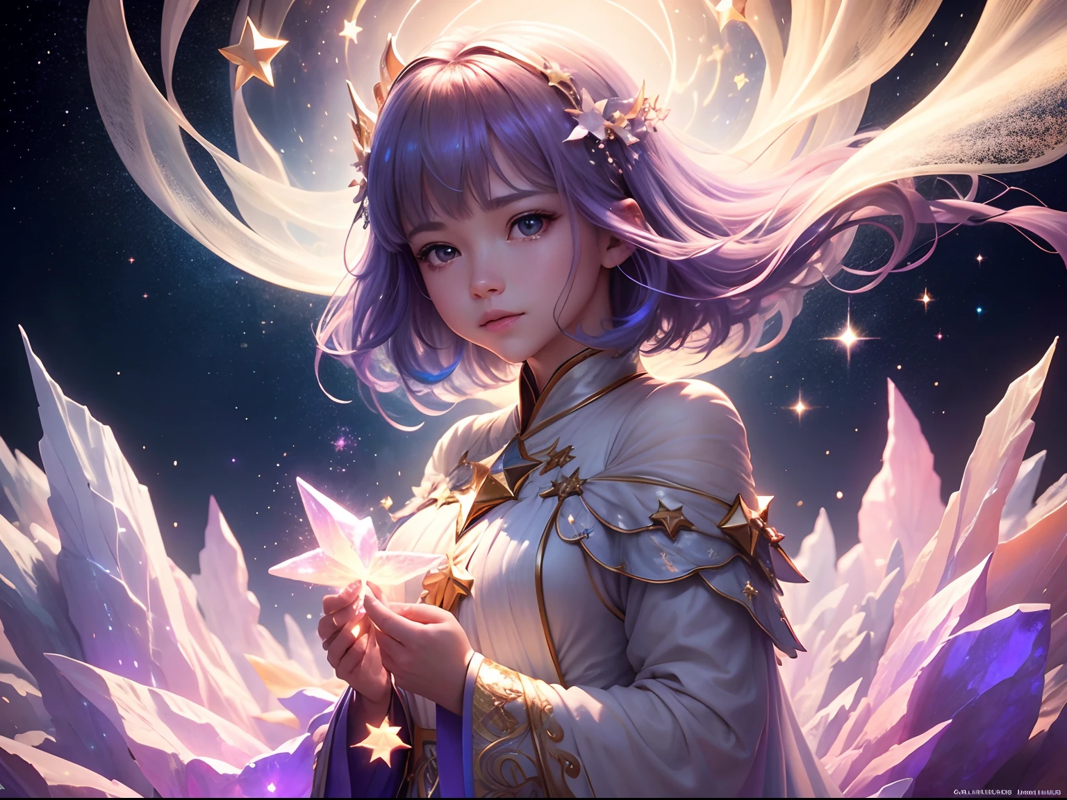 Lots of scattered crystal stars、
Fantasia、intergalactic、cleanness、
glinting、Shines、magnifica、colourfull、brightened、luminescence
Magic Pictures, dramatic  lighting, photorealisim, The ultra-detailliert, 4K, depth of fields, hight resolution