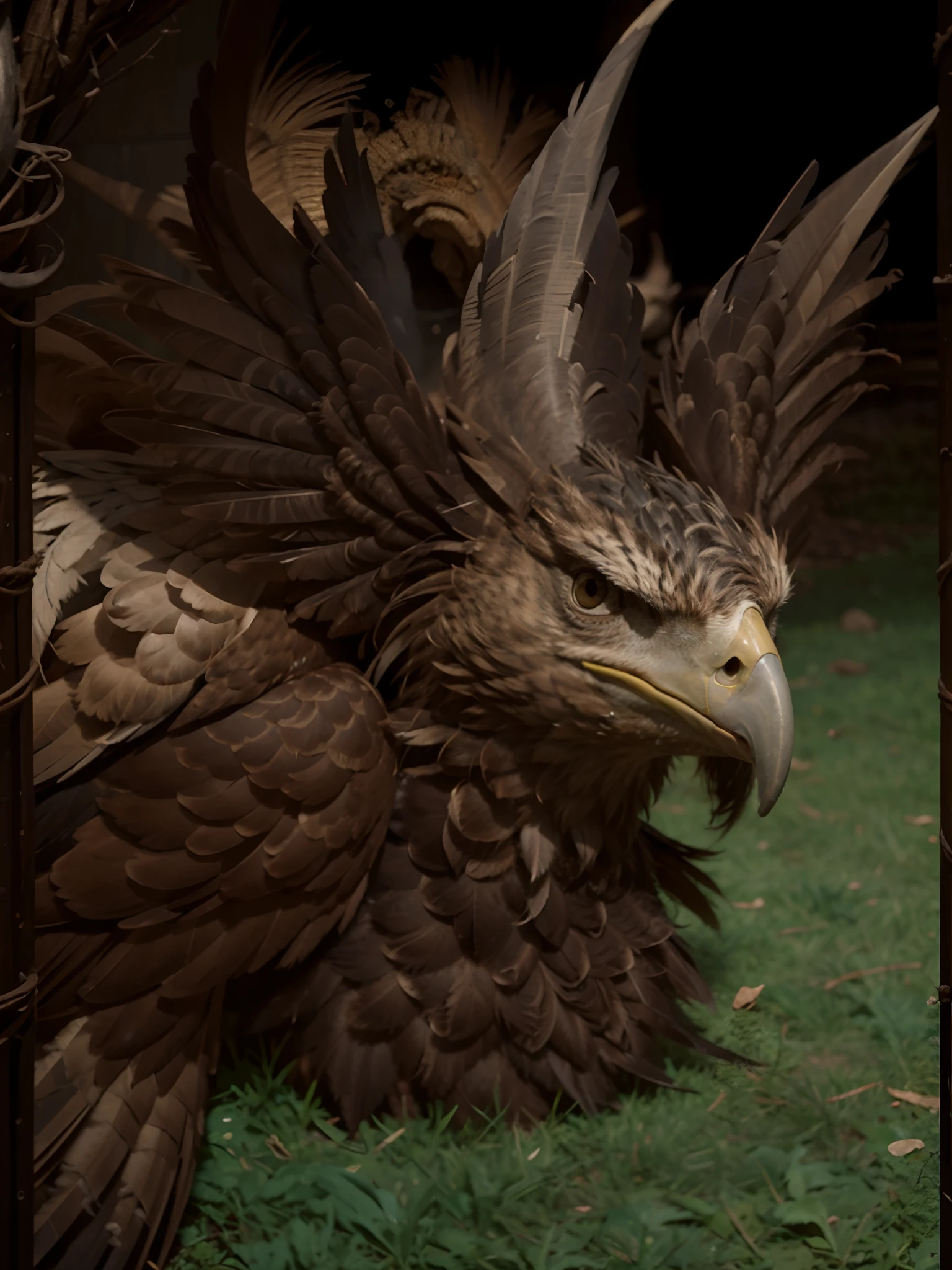 a close up of a picture of a bird with a long tail, skeksis, black aarakocra eagle warlord, gryphon, owlbear, harpy, ultra high pixel detail, kenku, feathered head, high texture detail, humanoid feathered head, ori, high texture detail), highly detailed barlowe 8 k, chtulhu