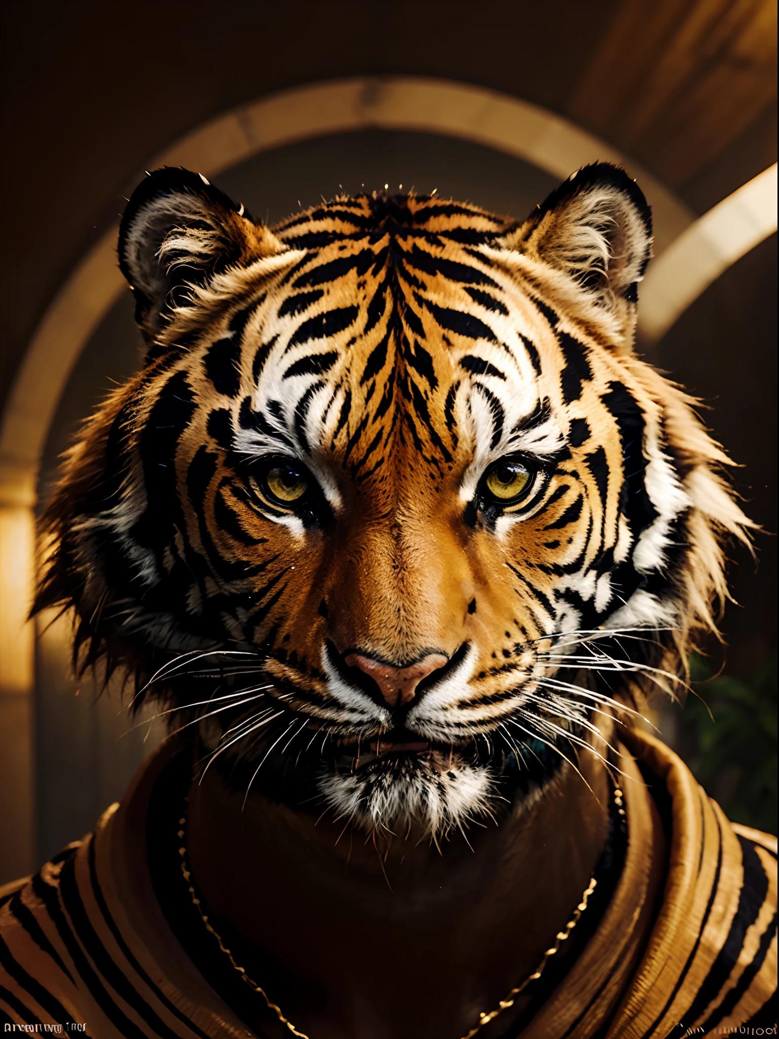 Craft a captivating digital artwork featuring the face of a Bengal Tiger set within a creatively imagined environment. This environment should be a fusion of lush, surreal landscapes and vibrant, fantastical elements. The tiger's face should exude both raw power and deep serenity. The colors and lighting should be carefully balanced to create a visually stunning masterpiece, where the regal Bengal Tiger reigns supreme amidst a world of wonder and beauty. Your artistic style can draw inspiration from the works of contemporary artists like [Artist Name], infusing the scene with unique and imaginative elements