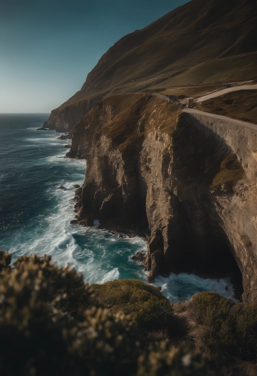 A coastal road hugging the cliffs, offering breathtaking views of the sparkling blue ocean below, with waves crashing against the rocks.