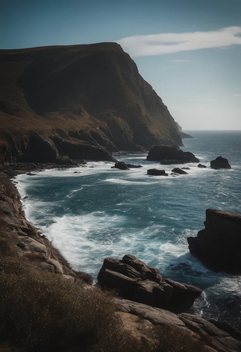 A coastal road hugging the cliffs, offering breathtaking views of the sparkling blue ocean below, with waves crashing against the rocks.