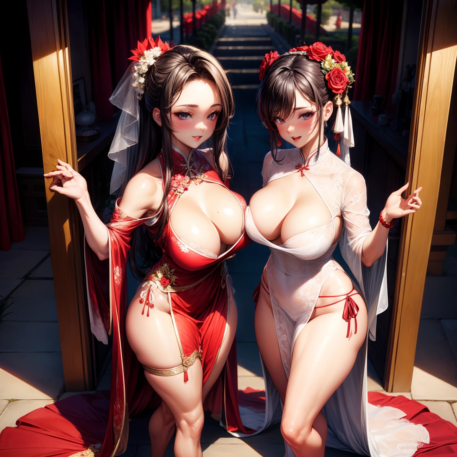 （8K ，Hyper-detailing，Ultra photo realsisim，Best Masterpiece，naturey，Perfect artwork，Perfect female body），Two cute busty girls ，（large tities），Antique flower wedding，Antique flower wedding，Chinese red wedding dress，Phoenix Guanxia，Stylish hairstyle，Elegant and sexy bride，On a quaint street，Dress up in a sexy vintage red wedding dress，Built-in thong panties，Large cleavage，，Stretch meat，Raised sexy，The kinky is exposed ，tit，full body shot of